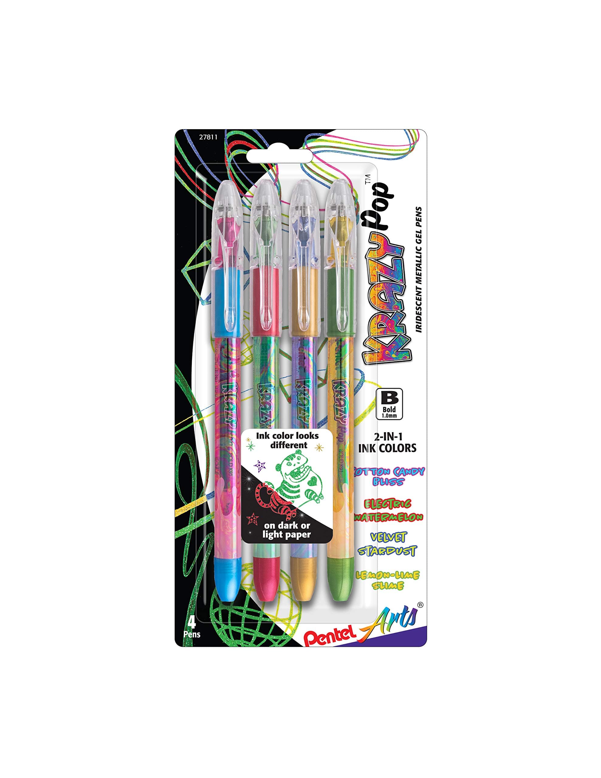 Pentel Arts Krazy Pop Iridescent Gel Pen, (1.0mm) Bold Line, Assorted Ink, Pack of 4 (K91PABP4M3)