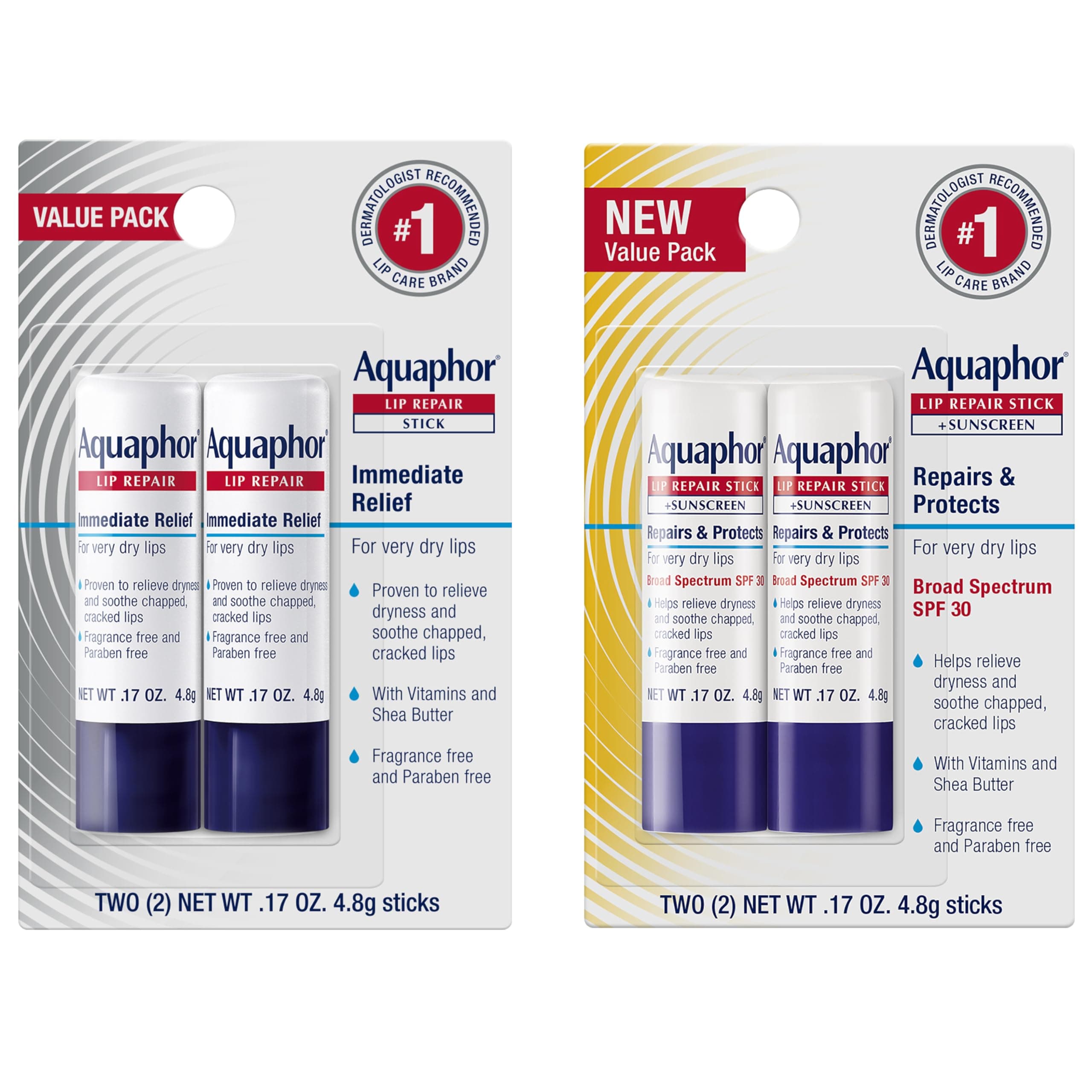 Aquaphor Lip Repair Set - Balm Stick (0.17 Oz, Pack of 2) + Protect Stick With SPF 30 Sunscreen (0.17 Oz, Pack of 2) - Holiday Self Care Gifts