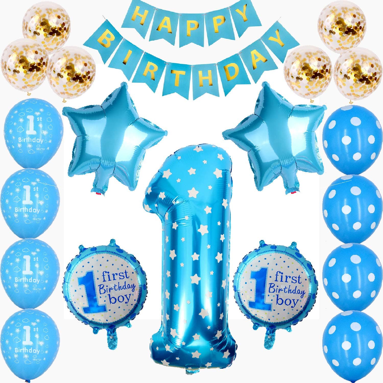 1st Birthday Decorations Boys Blue First Birthday Party Decorations Number 1 Foil Balloon Happy Birthday Banner Star and Candy Balloons Confetti Balloons Birthday Party Decorations