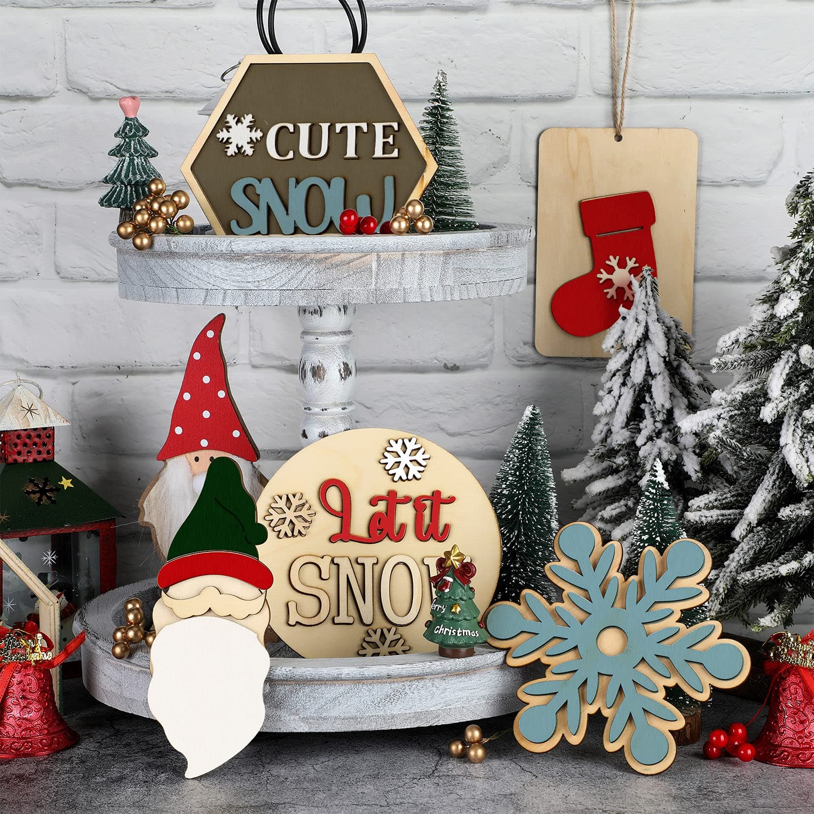 Sinnier 5 Pieces Christmas Tiered Tray Wood Signs Farmhouse 3D Home Decor Mini Wooden Decors with Snowflake Gnome Sign Winter Plaque Wood Art for Farmhouse Home Decoration