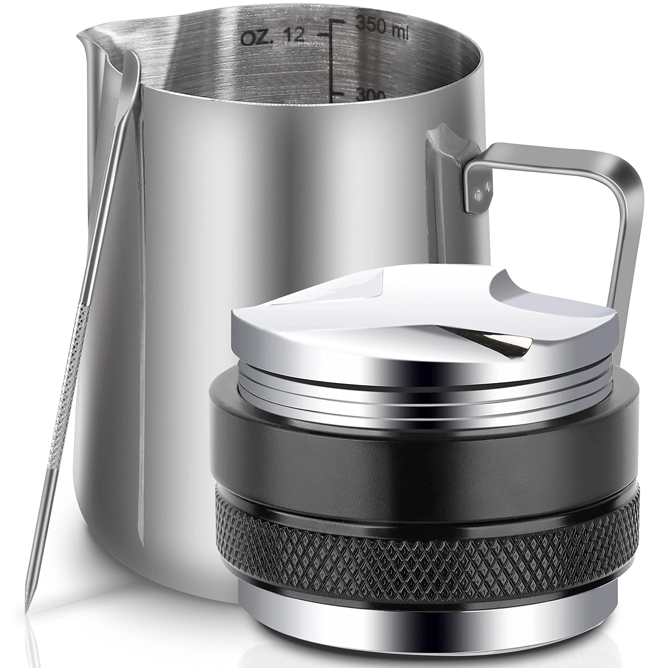 KYONANO 53mm Coffee Distributor & Espresso Tamper with 350 ml Milk Froth Pitcher, Latte Art Pen - Tamper Dual Head Coffee Leveler Fits for 54mm Breville Portafilter, Adjustable Depth- Espresso Tools