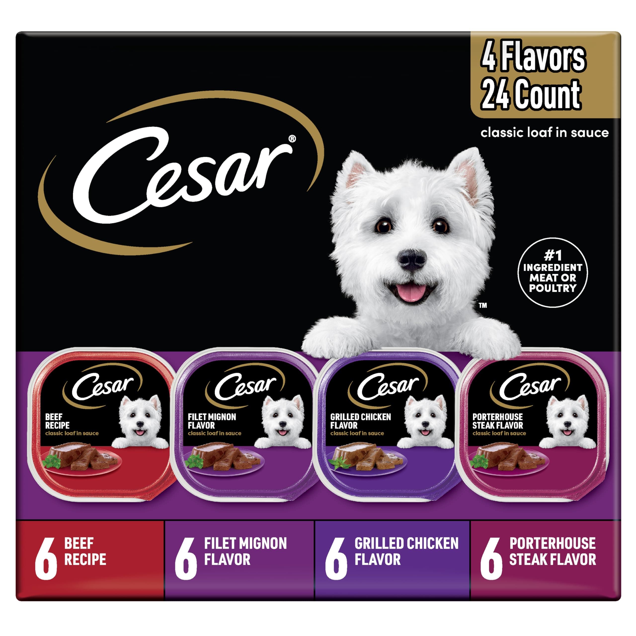 Cesar Wet Dog Food Classic Loaf in Sauce, Breakfast and Dinner with Grilled Steak & Eggs Flavor, and Chicken & Liver Flavor, 3.5 oz. Easy Peel Trays, Variety Pack, 24 Count