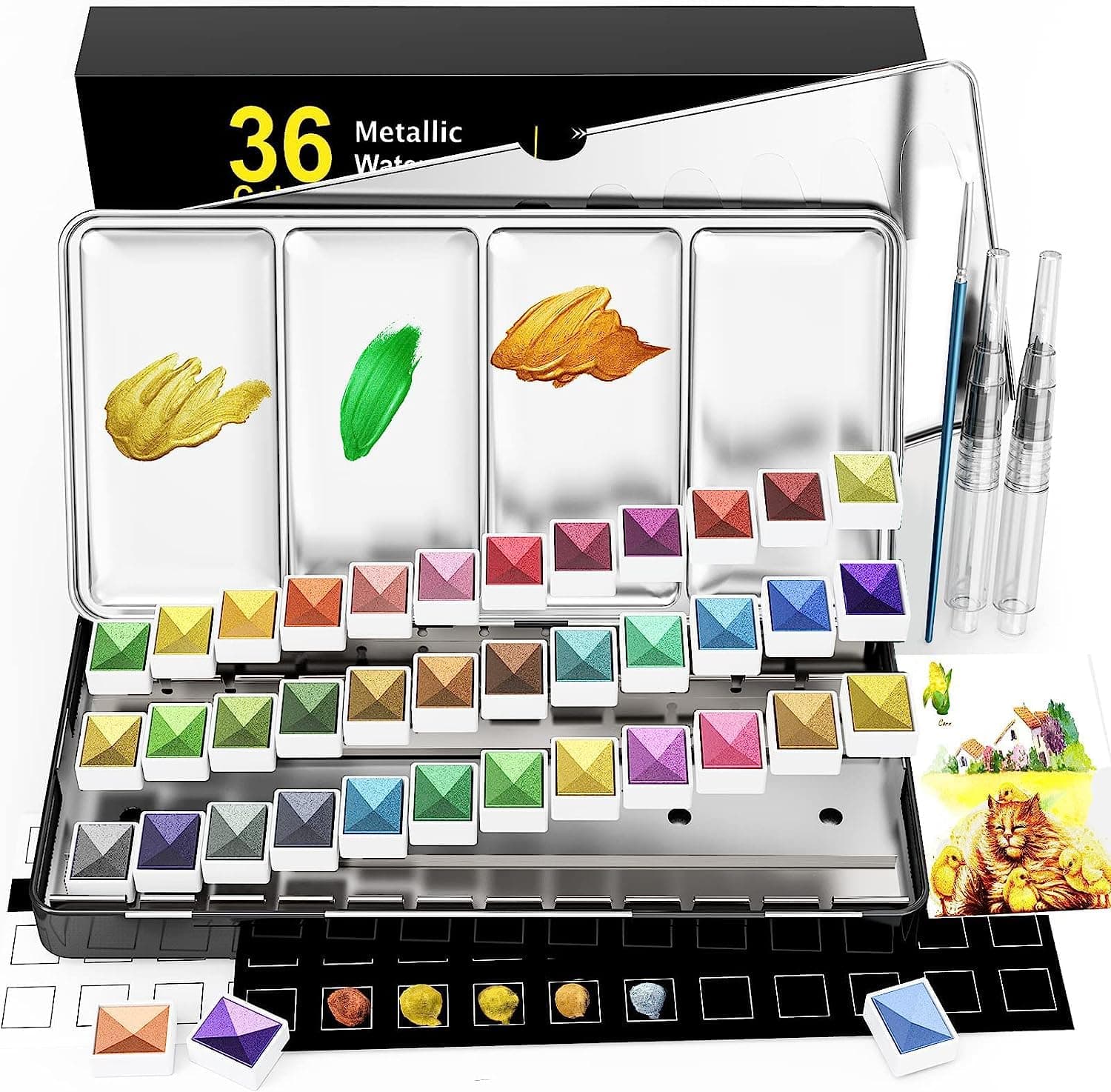 RATEL Metallic Watercolour Paint Set, Premium Glitter Watercolour Solid Paint Box, 36 Metallic Watercolour Paints, Soluble and Mix Well Watercolour Paints, for Kids, Beginner and Professional