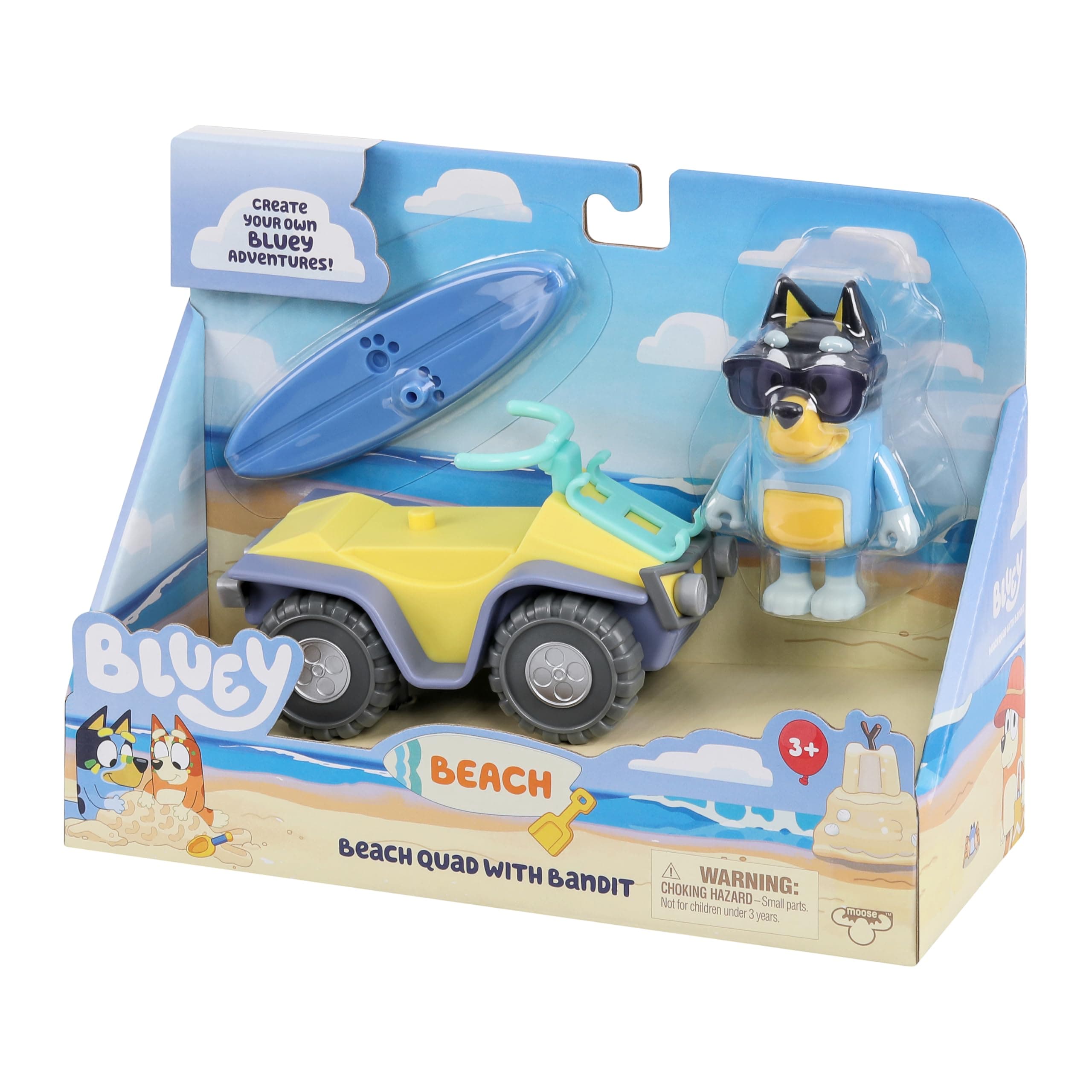 Bluey Vehicle and Figure Pack Beach Quad with Bandit with 2.5-3 Inch Figure and Surfboard Accessory