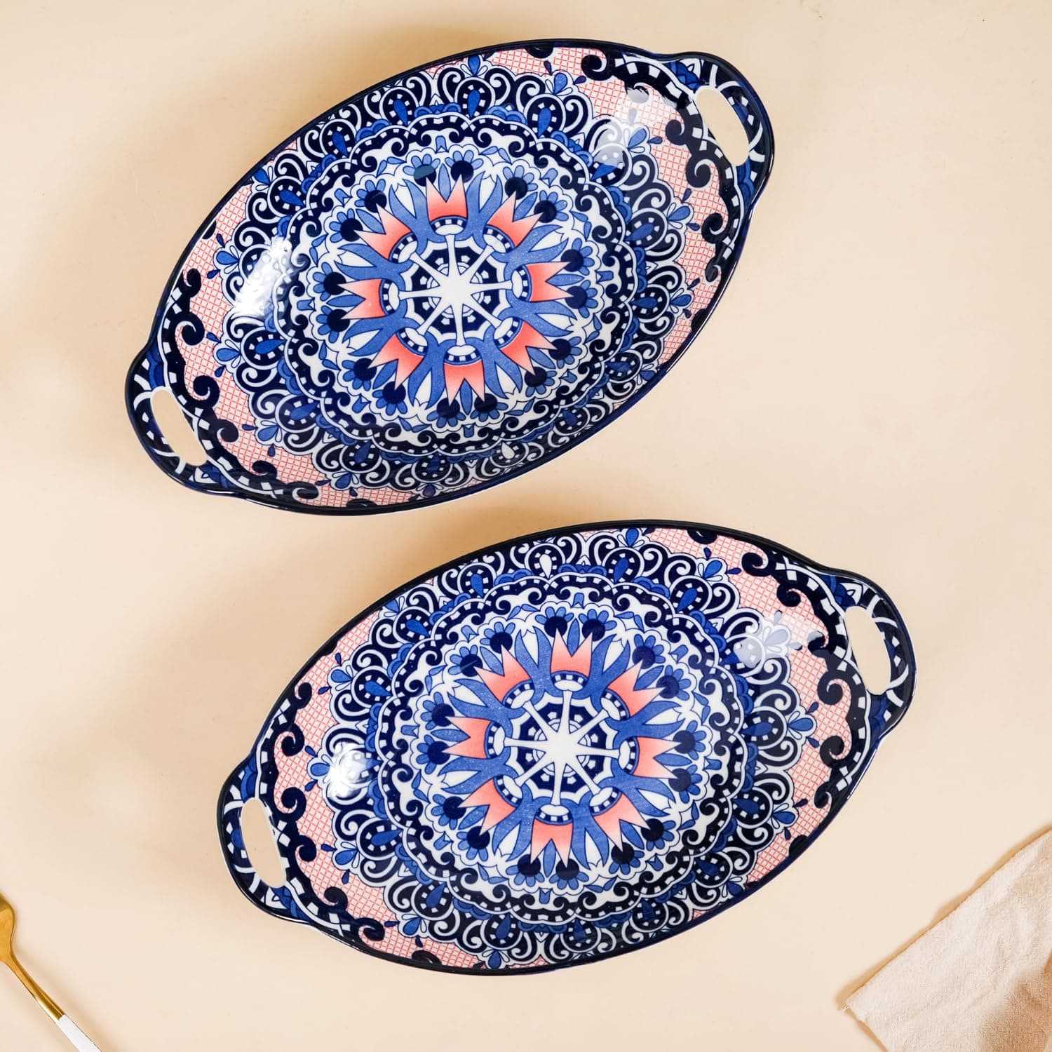 Nestasia Set of 2 Blue Mandala Design Ceramic Serving Platter with Handles for Snacks, Appetizers, Salads, and Noodles | Microwave Safe, Dishwasher Safe (10.8 Inch)