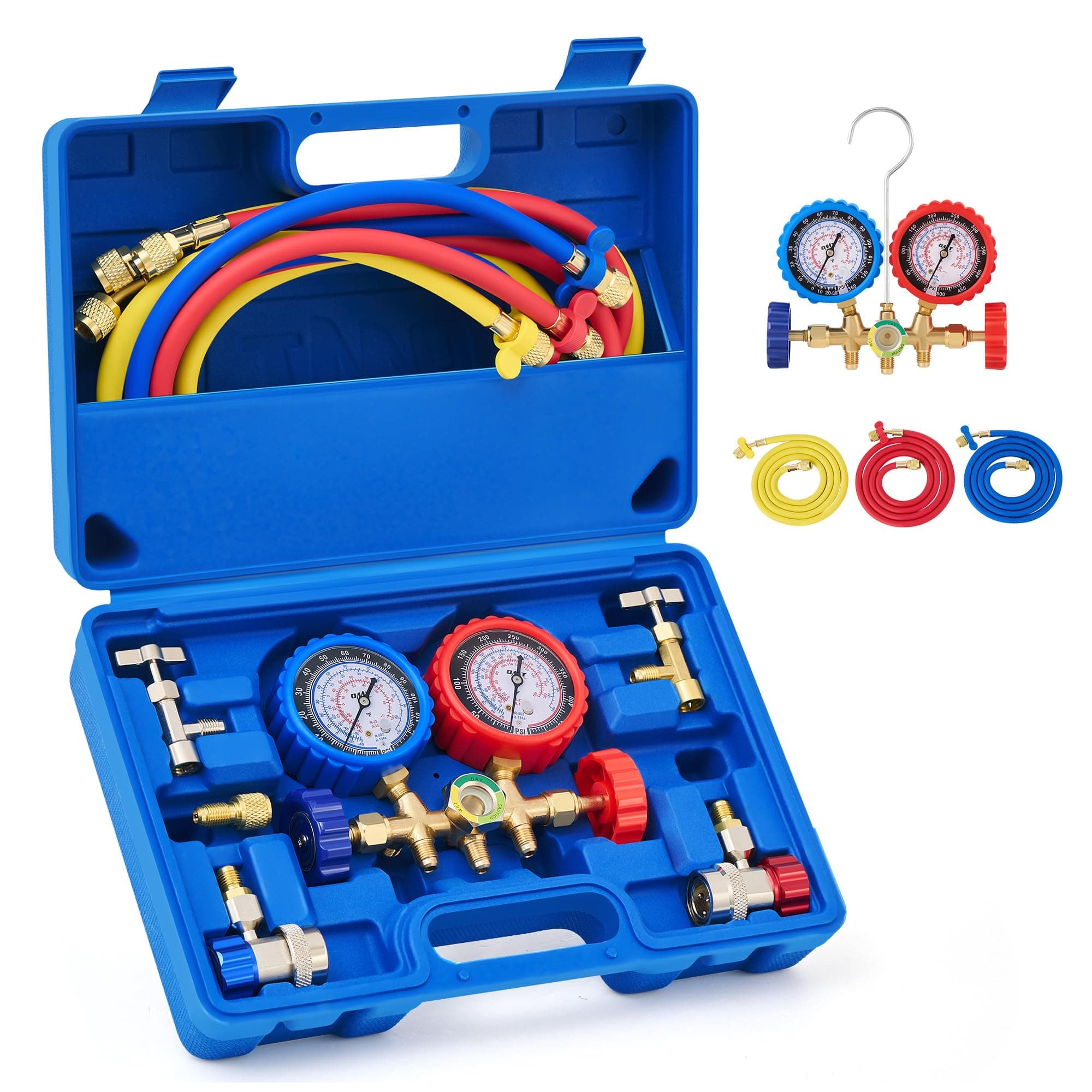 3 Way AC Diagnostic Manifold Gauge Set for Freon Charging, Fits R134A R12 R22 and R502 Refrigerants, with 5FT Hose, Acme Tank Adapters, Adjustable Couplers and Can Tap