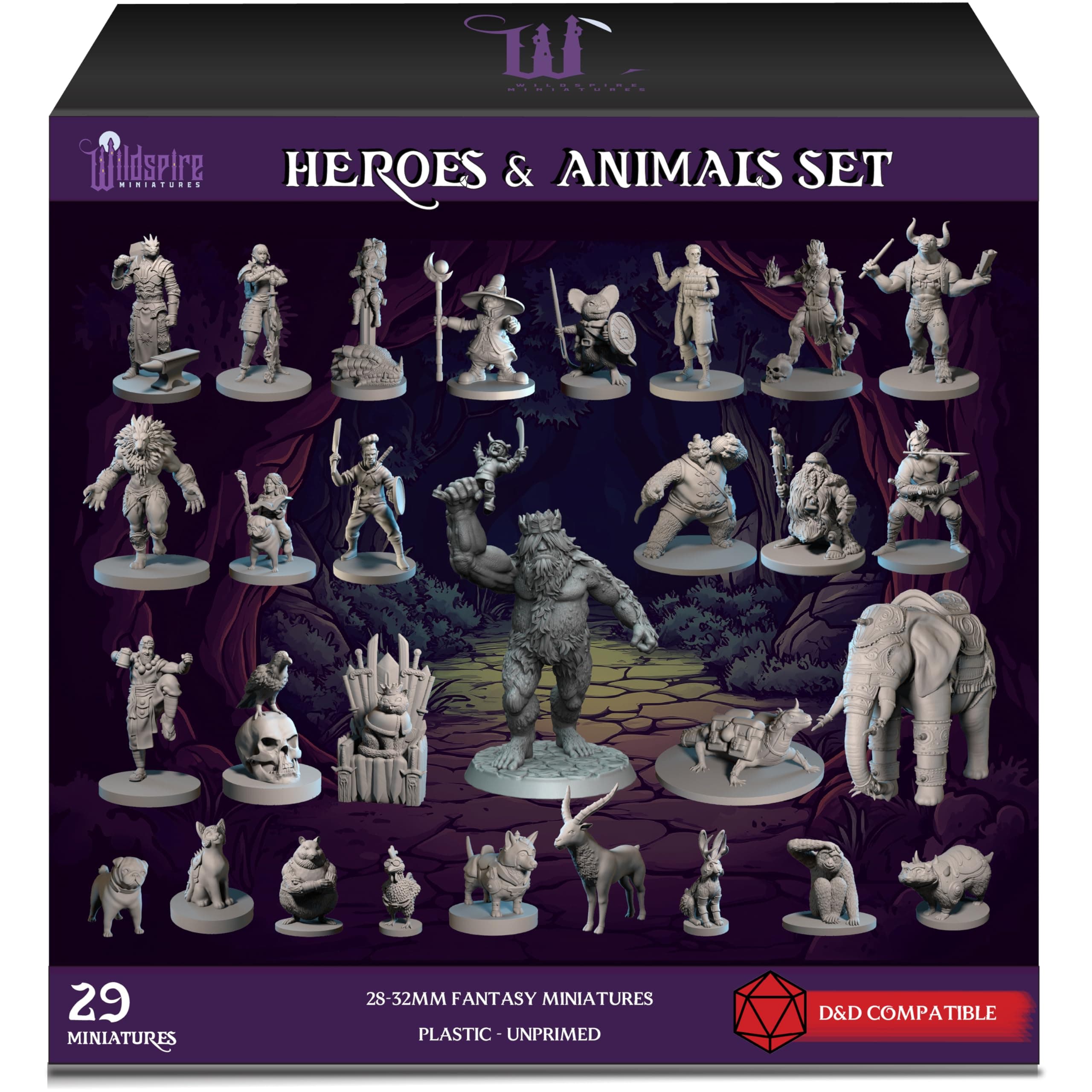 Wildspire Heroes, Animal Companions & Troll King for DND Miniatures Bulk 28mm DND Minis Dungeons and Dragons D&D Miniatures Dungeons and Dragons Unpainted Figures for Tabletop