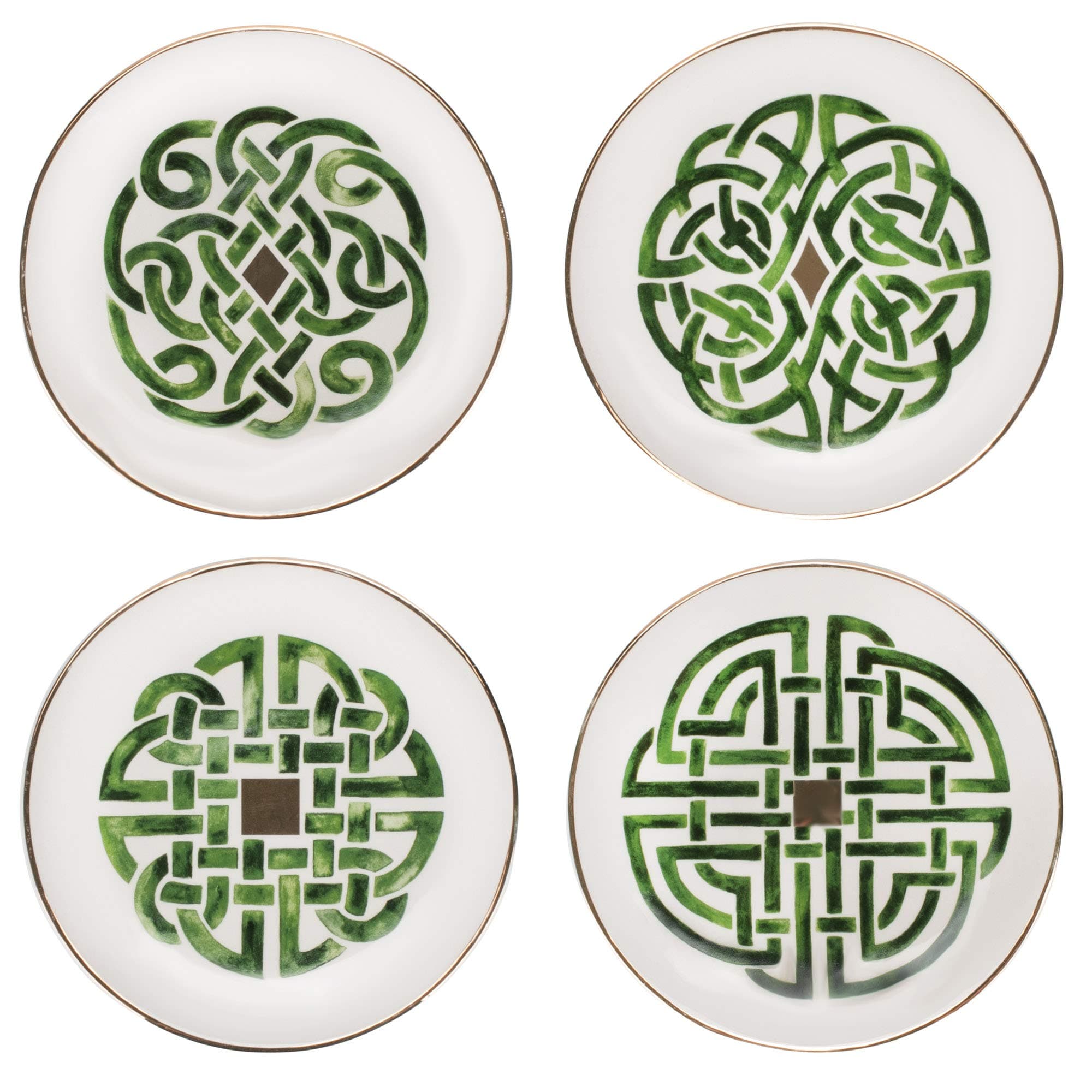 Birsppy Creamy White Celtic Green Knot 6.5 x 6.5 Dolomite Decorative Serving Plate Set 4