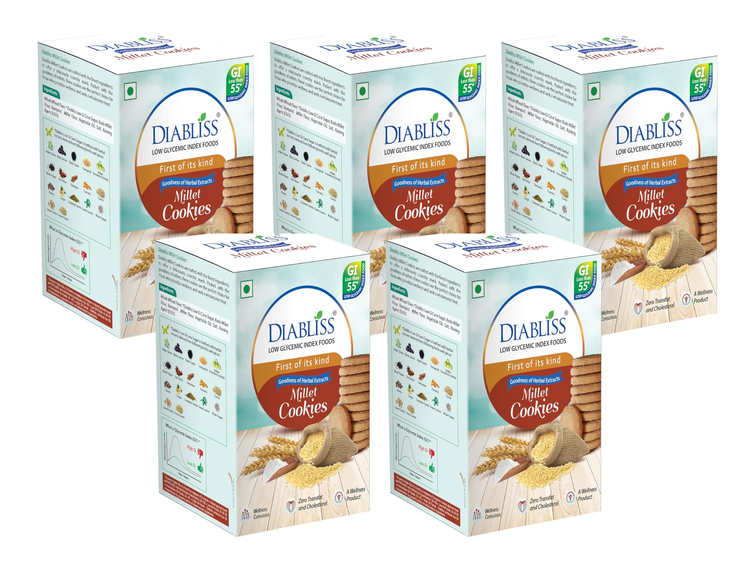 - Diabliss Millet Cookies – Made with Millets & Whole Wheat, No Maida | Low GI Sugar & 17 Herbs & Spices | Glucose Friendly Crunchy Snack | Trusted by Consumers in 3 Continents | 120g - Pack of 5