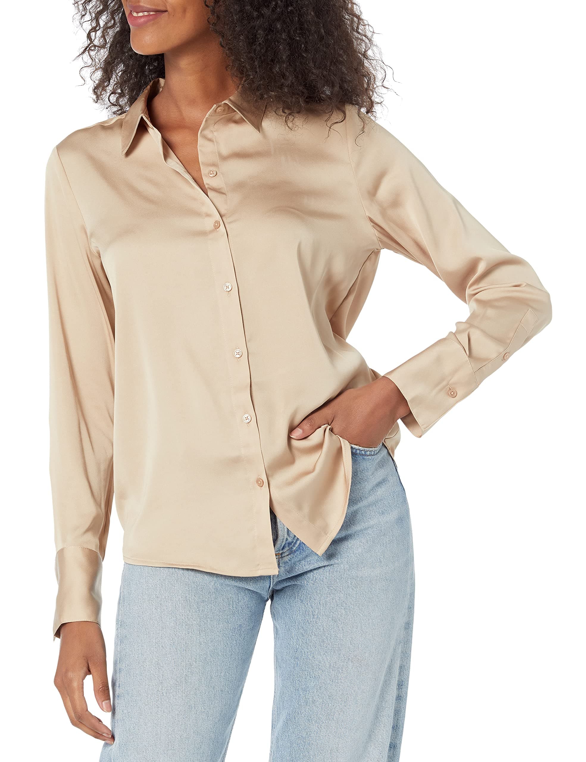Amazon EssentialsWomen's Classic-Fit Satin Button Down Blouse (Available in Plus Size)