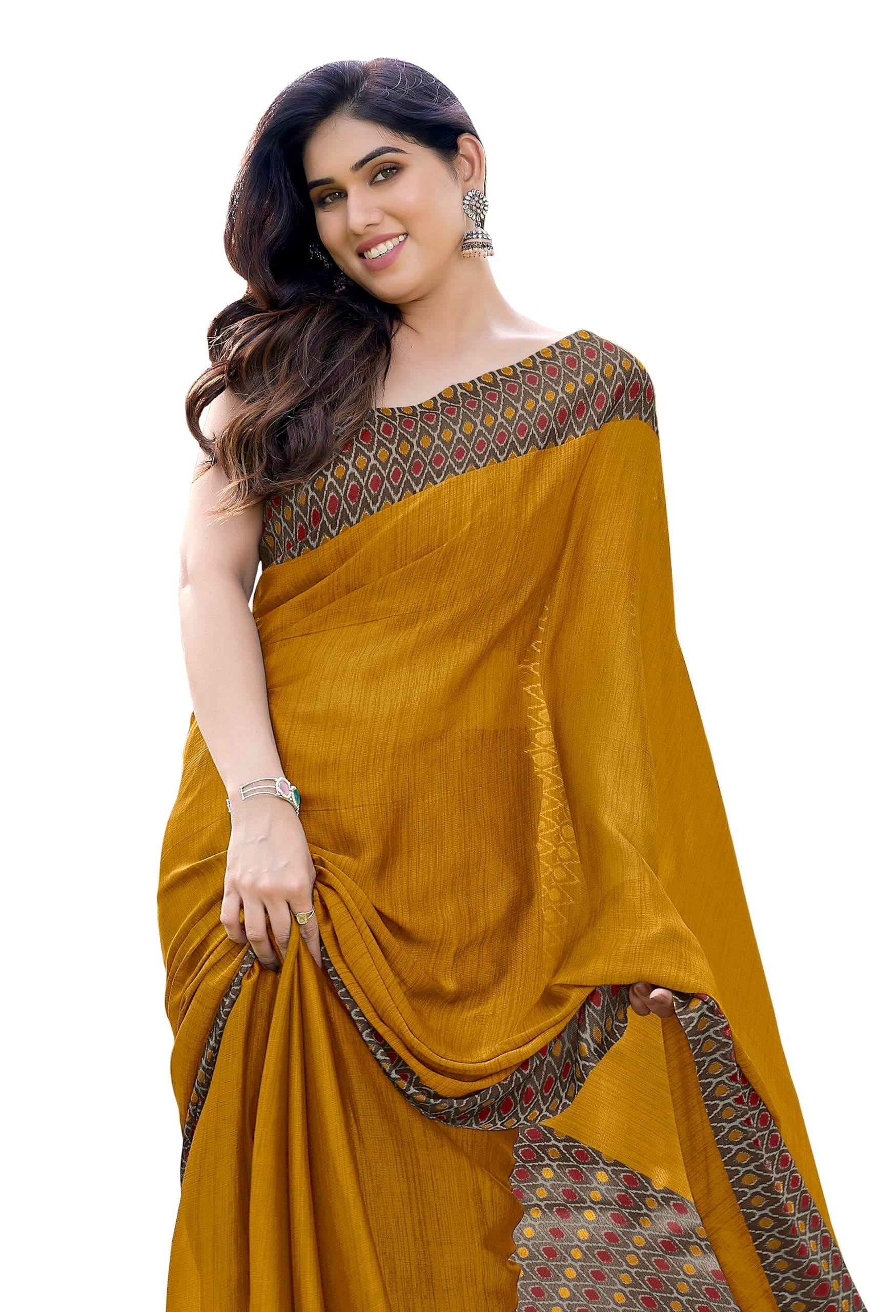 Women's Stylish Chiffon Contrast Border-Pallu Printed Saree with Blouse Piece, Golden, Brown, One Size