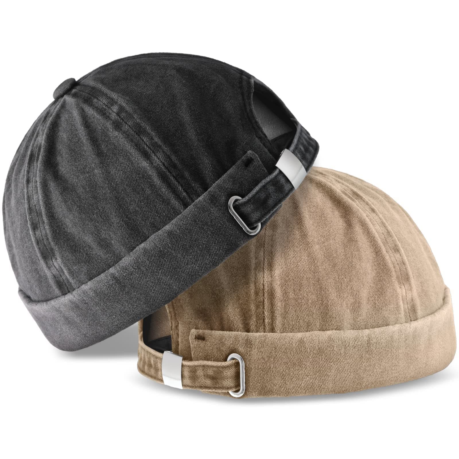 2 PCS Brimless Hats for Men Adjustable Docker Hat Casual No Brim Hat Visor-Less Flip Hats Sailor Skullcap Leather Buckle Street Casual Docker Beanie Skull Caps, One Size