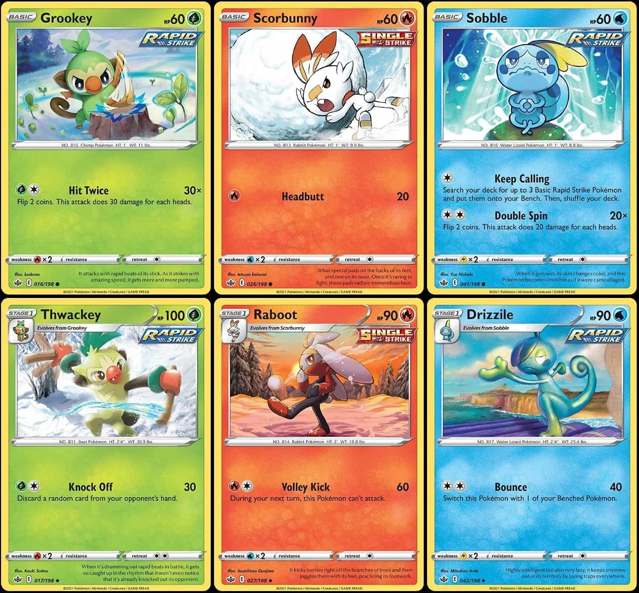 Pokemon Chilling Reign - Grookey Scorbunny Sobble - Thwackey Raboot Drizzle - Evolution Lot - Galar Starter