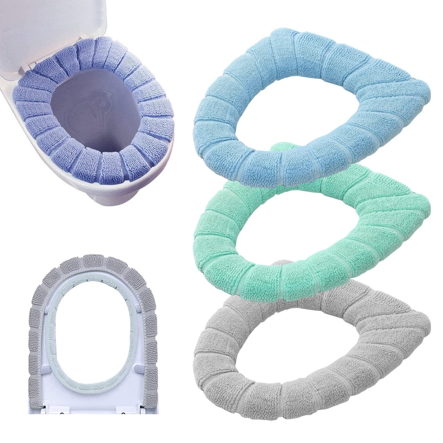 Bathroom Soft Thicker Warmer Stretchable Washable Cloth Toilet Seat Cover Pads, 3PCS (3Color)