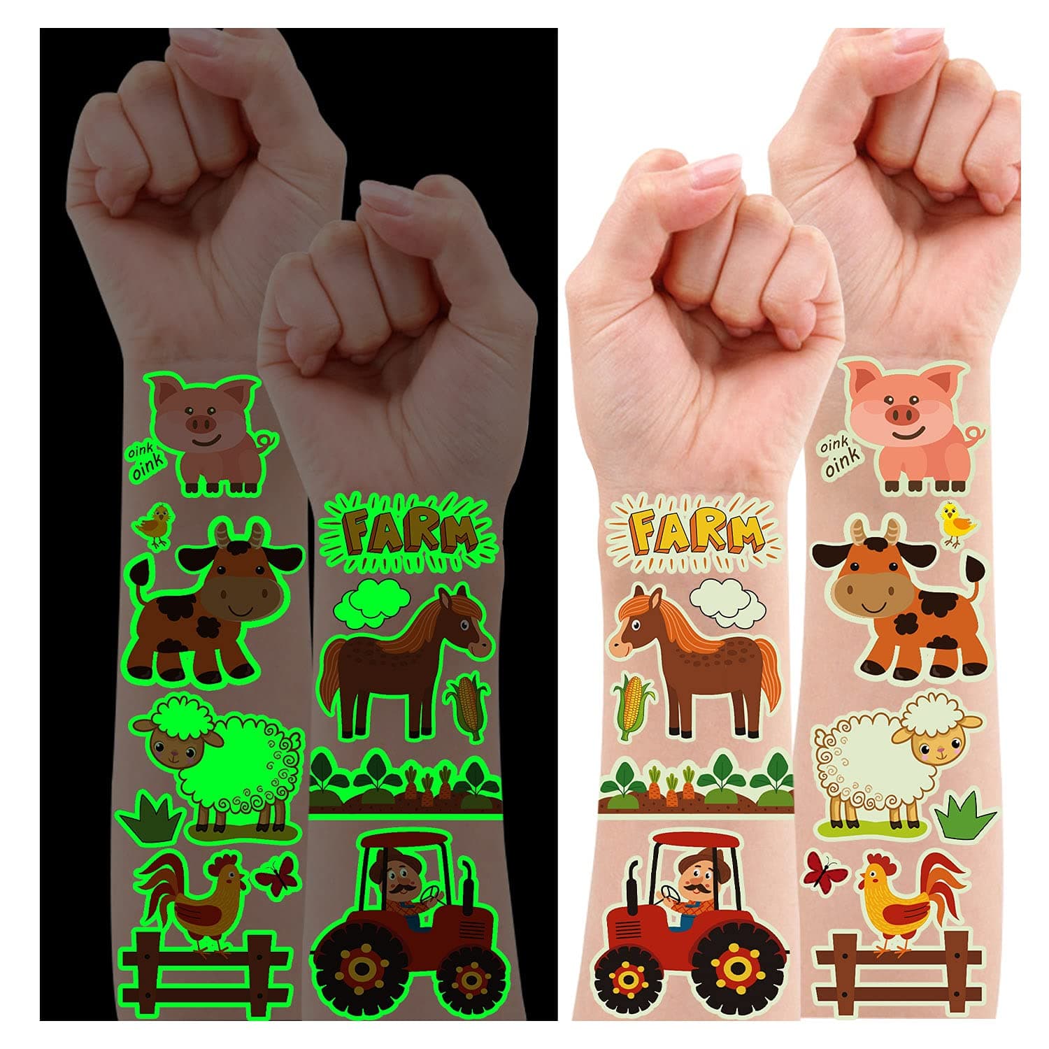 PARTYWIND165 Styles Glow Farm Animal Birthday Party Supplies Temporary Tattoos for Kids, Luminous Farm Party Decorations Favors, Glow Farm Tattoos Stickers Featuring Cow Horse Pig