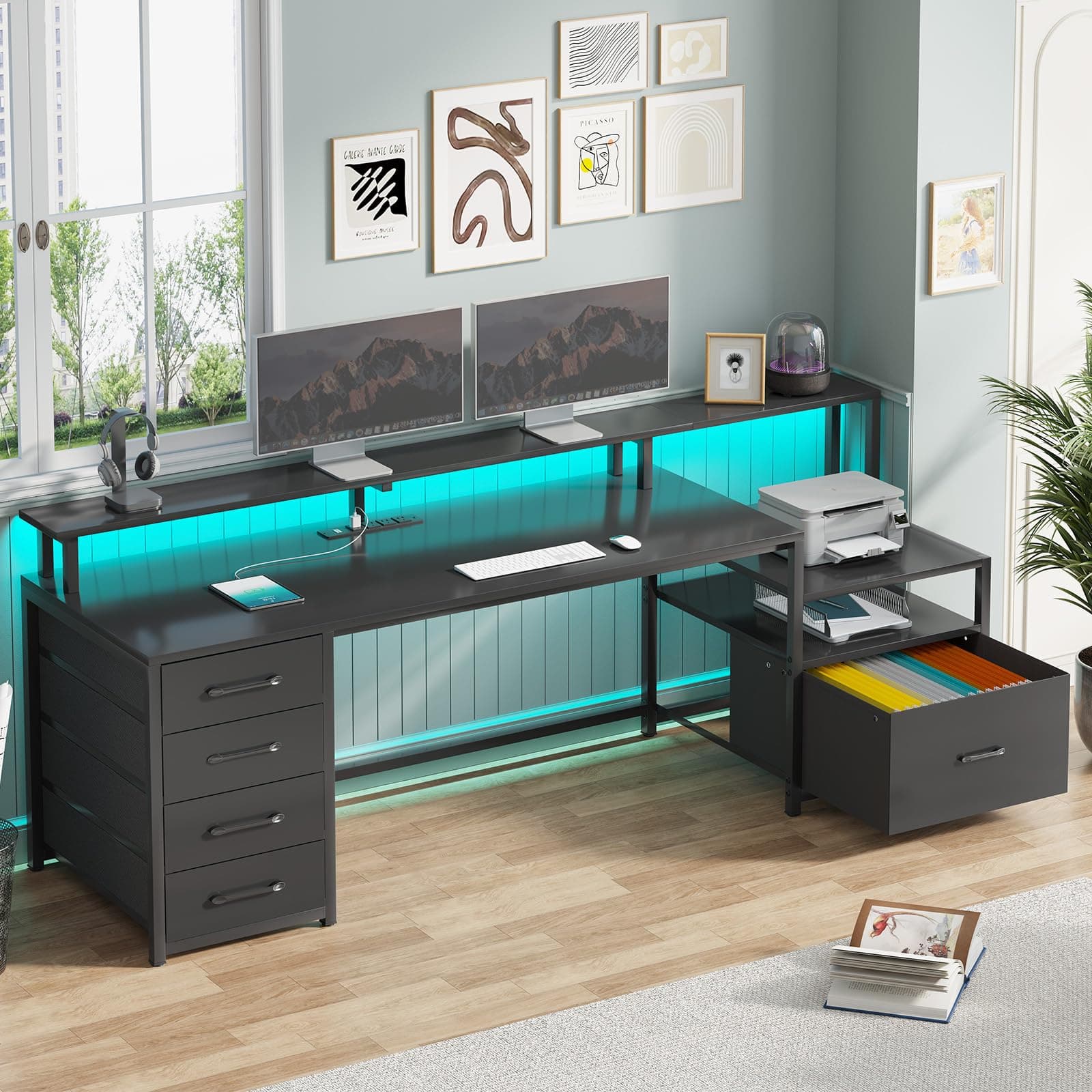 Computer Desk with 5 Drawer, Power Outlet & Led Lights, 66'' Home Office Desk with File Drawer, Storage, Monitor Shelf, Gaming Desk, Black