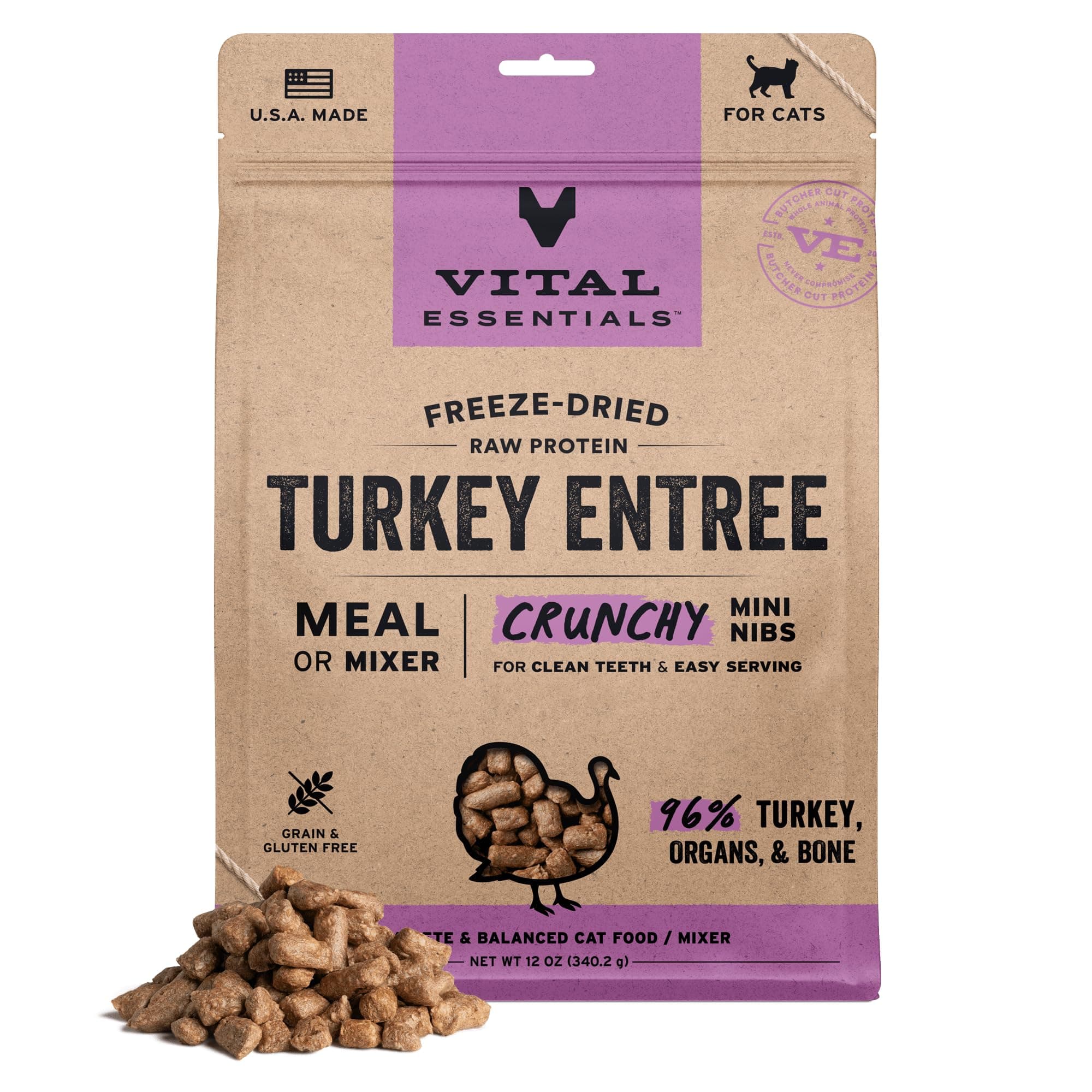 Freeze Dried Cat Food, Raw Turkey Crunchy Mini Nibs | Complete Meal or Topper | 96% Turkey, Organs & Bone | Limited Ingredient, High Protein, Grain Free Dry Cat Food | 12 oz Bag