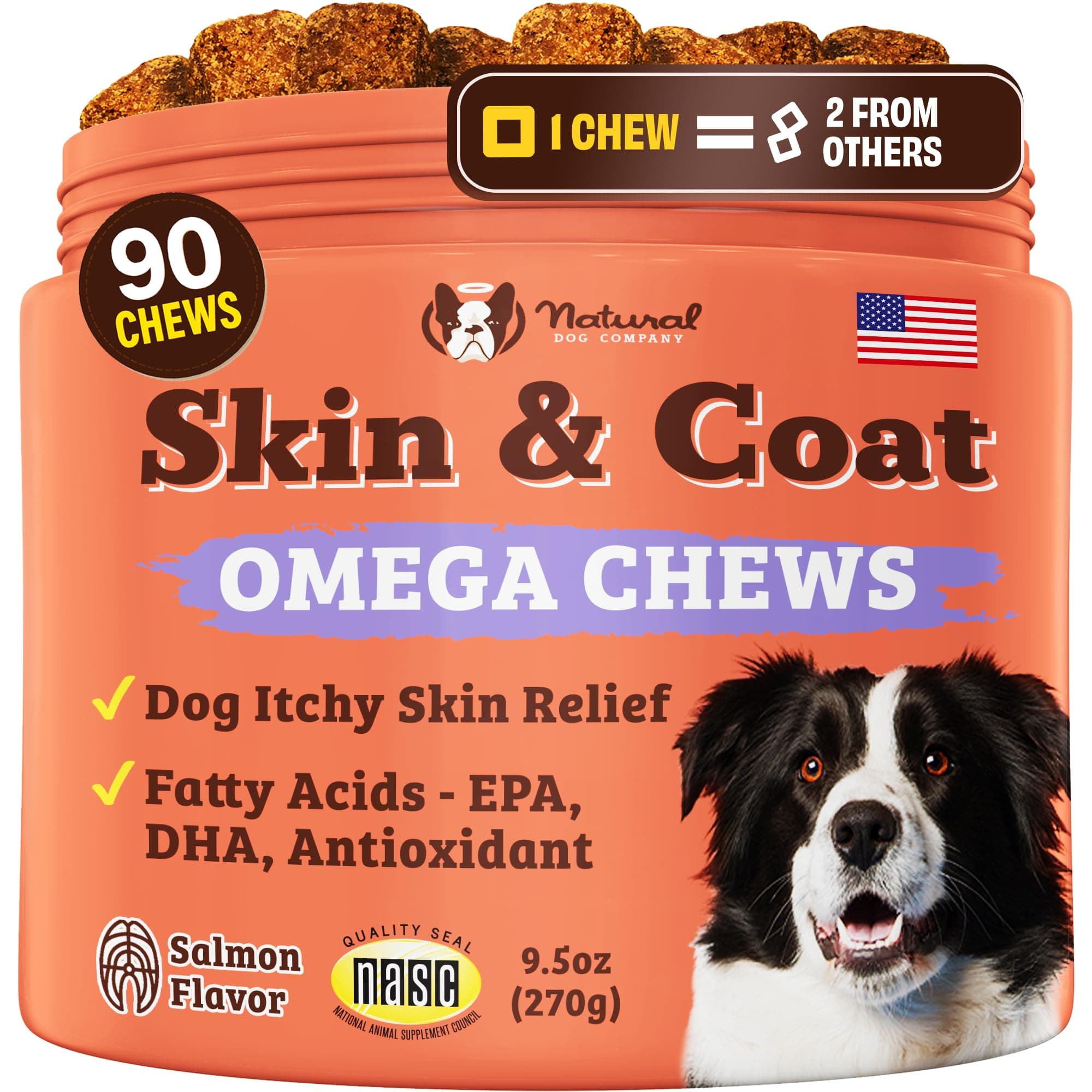 Natural Dog Company - Skin & Coat Omega Supplement | Supports Healthy Shiny Coats, Relieves Dry, Itchy Skin | Salmon & Pea Flavor - 90 Chews
