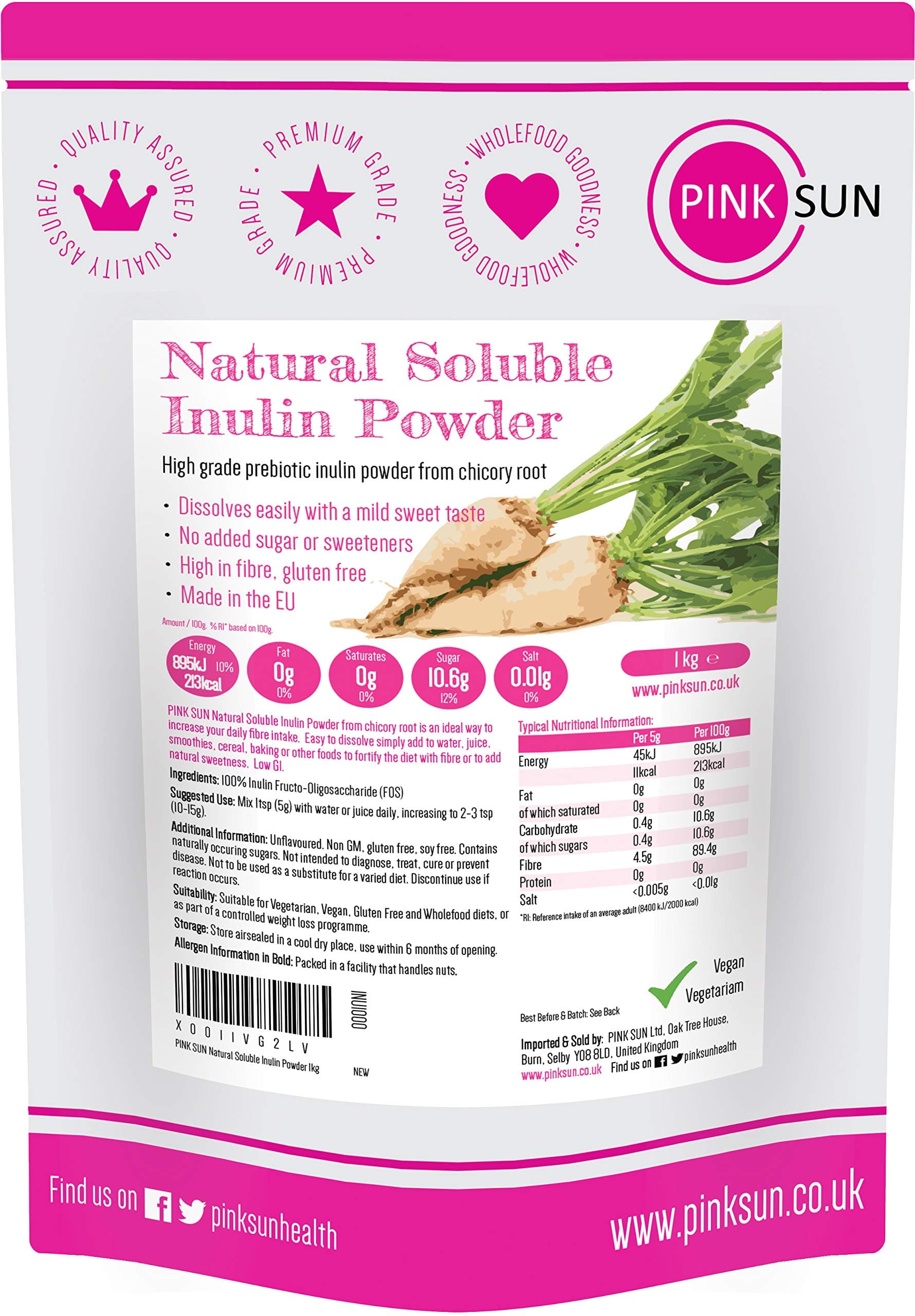 Inulin Powder 1kg (or 2kg 3kg 5kg) High Fibre Sugar Free Pure from Chicory Root High Grade Prebiotic Unflavoured Gluten Free Vegetarian Vegan 1000g Bulk