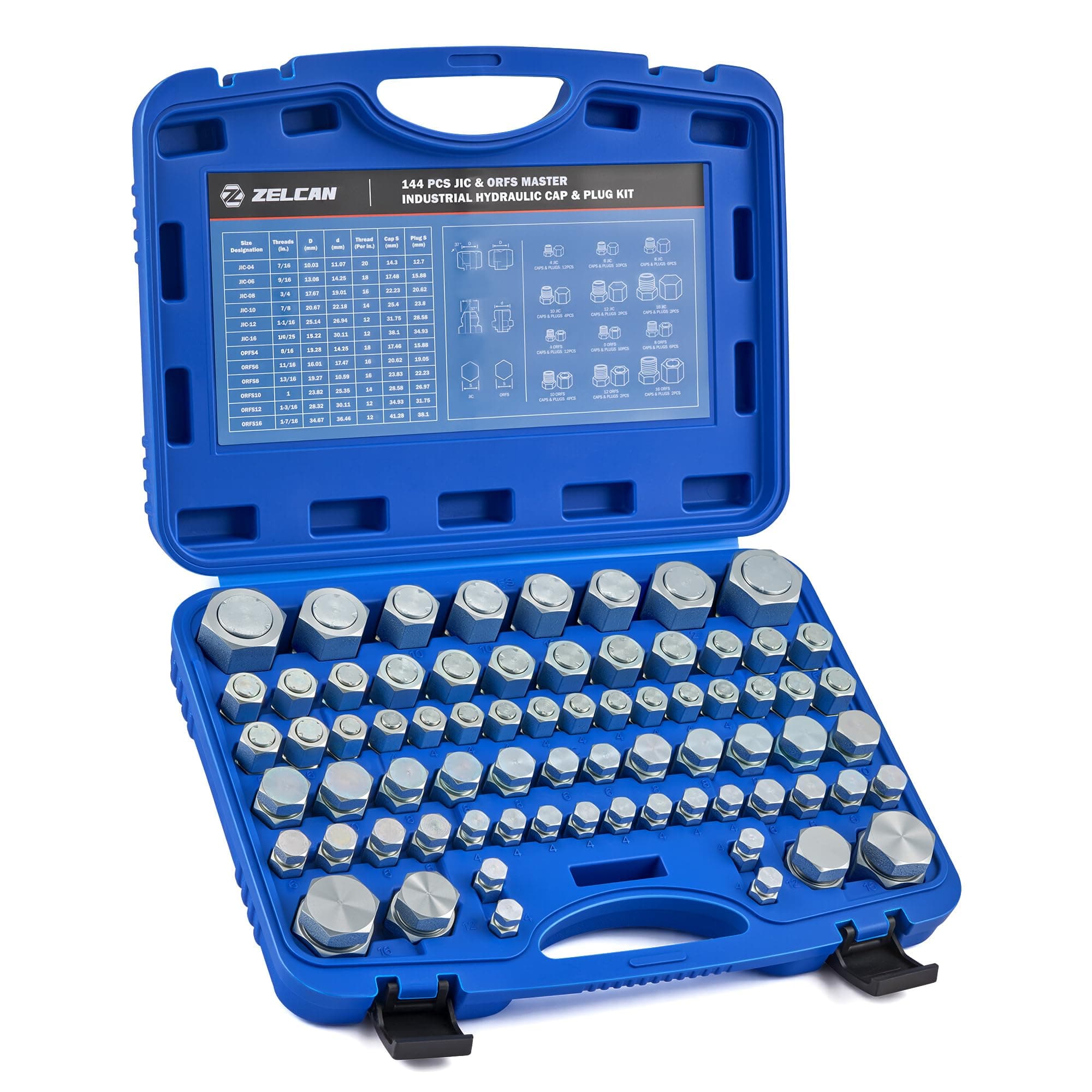 ZELCAN Hydraulic Hose Cap & Plug Kit, 144-Piece JIC & ORFS Plug and Cap Assortment Kit for Dash Size 4 6 8 10 12 16, Heavy-Duty Hydraulic Hose Fitting Kit for Industrial Pipe Tube Sealing