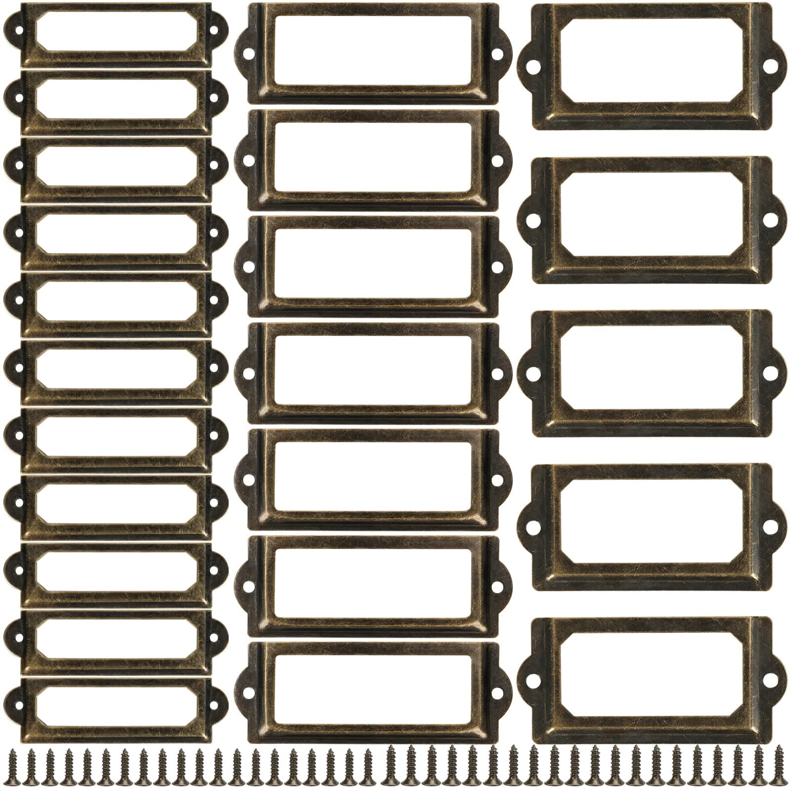 60 Pcs Office Library File Drawer Cabinet Card Tag Label Holder Metal Frame, Antique Bronze Metal Label Holders Name Card Frame for Wood Drawers Shelves Fabric Bins, 3 Sizes