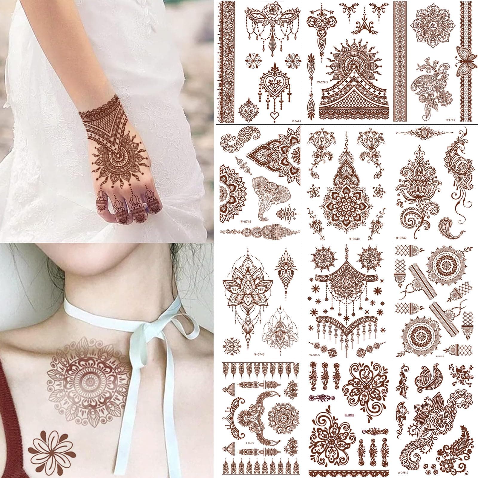 12 Sheets Temporary Tattoo Sticker Set,Waterproof Indian Lace Mandala Flower Pattern,Body Art Fashion Decoration Suitable for Women Girls Diy Body Neck Chest Arms Legs (Brown)