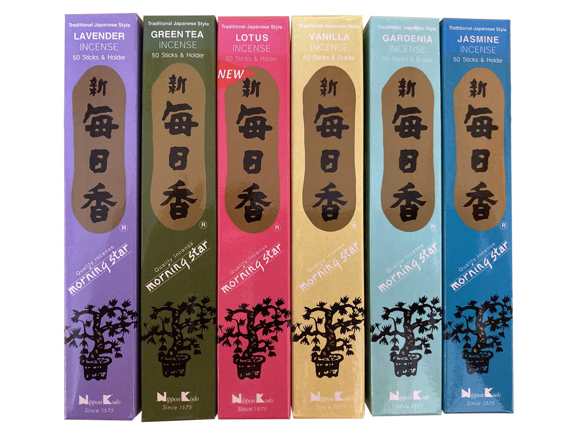 Morning Star Incense Set of 6 (Lotus, Vanilla, Lavender, Jasmine, Green Tea and Gardenia), 50 Sticks in Each Scent - Traditional Japanese Style