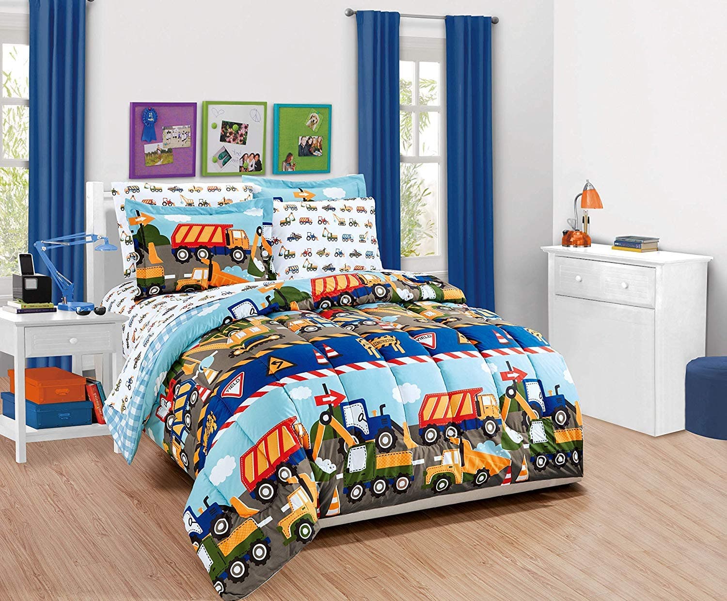 Elegant Home Multicolor Construction Site Equipment Trucks Tractors Design 7 Piece Comforter Bedding Set for Boys/Kids Bed in a Bag with Sheet Set # Construction Trucks (Queen Size)