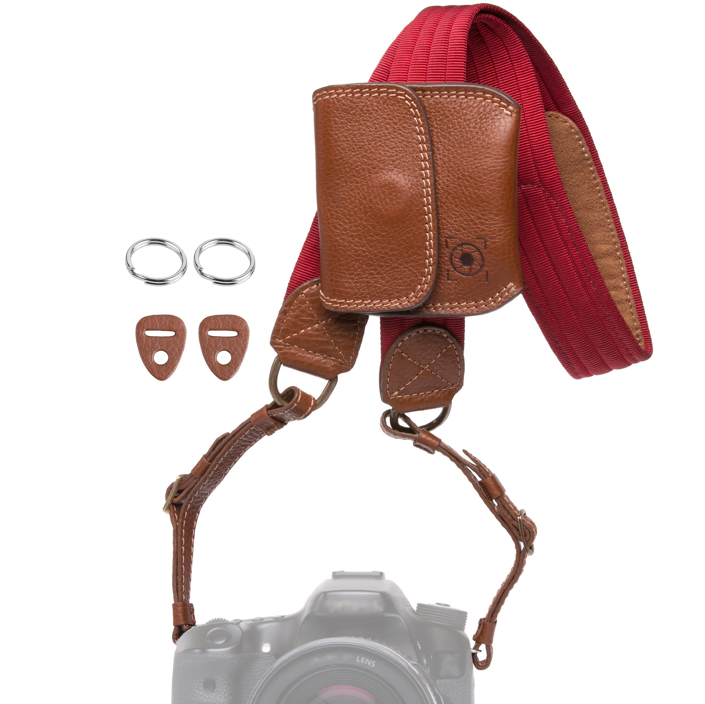 Universal Camera Neck Strap | Durable Genuine Leather | Adjustable Straps | For Canon, Sony, Olympus, Nikon, Leica, Panasonic, Fuji; DSLR, Mirrorless | Removable Lens Cap Holder