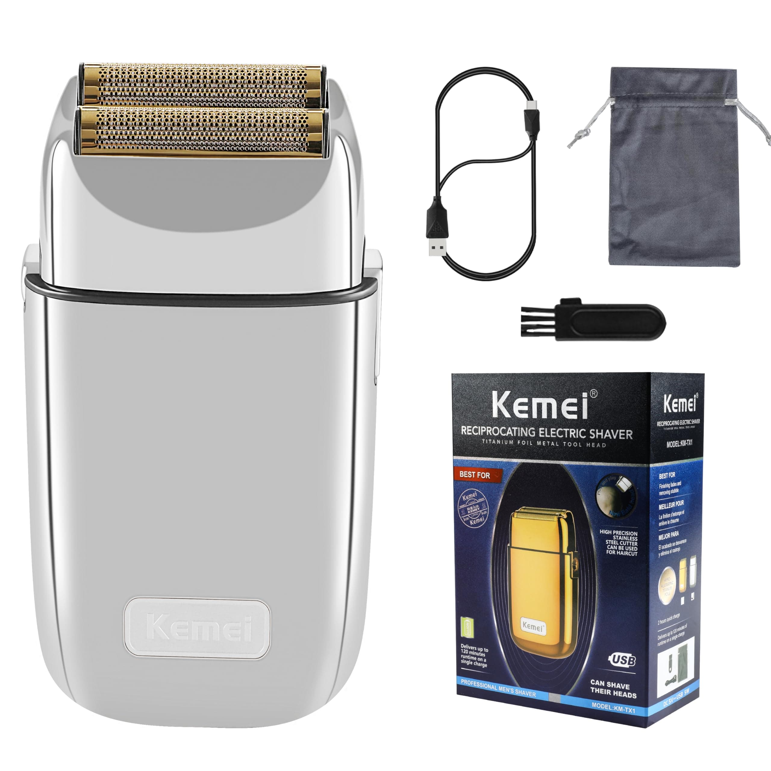 KEMEI KM-TX1 Men's Metal Double Electric Razor, Cordless Type-C Rechargeable for Wet/Dry Close Shaving (Silvery)