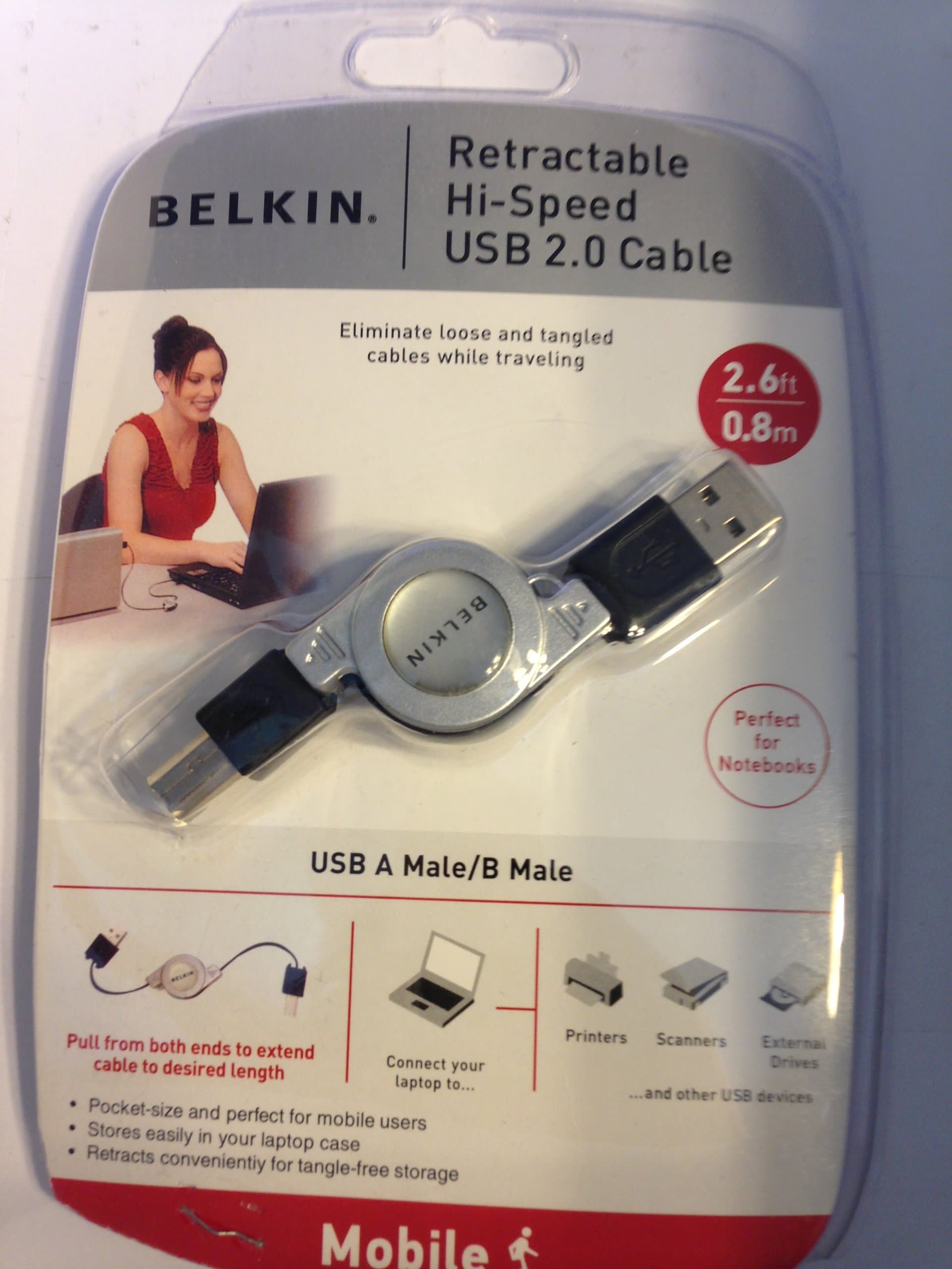 Belkin Retractable Hi-Speed USB 2.0 Cable, A/B, 2.6 feet