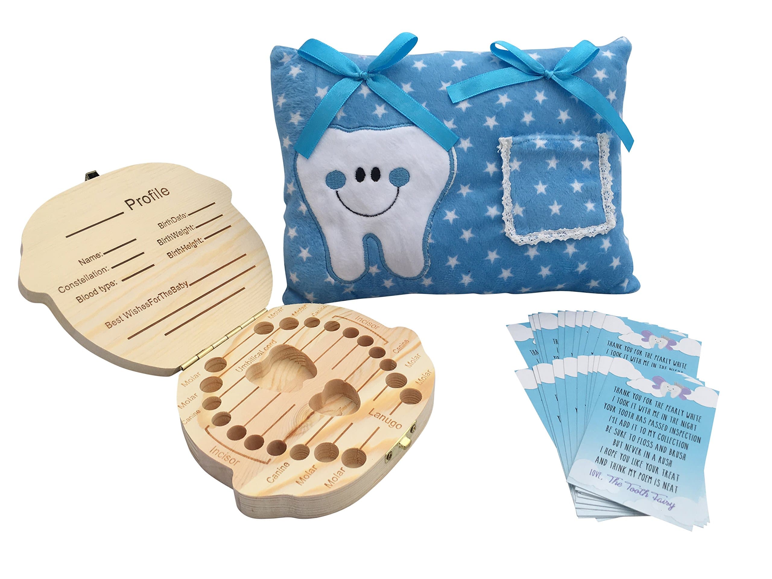 VICTONY Boy Tooth Fairy Kit Includes Tooth Fairy Pillow for Boys Girls and Tooth Fairy Box Holder (Wooden) with 20 Tooth Fairy Letters
