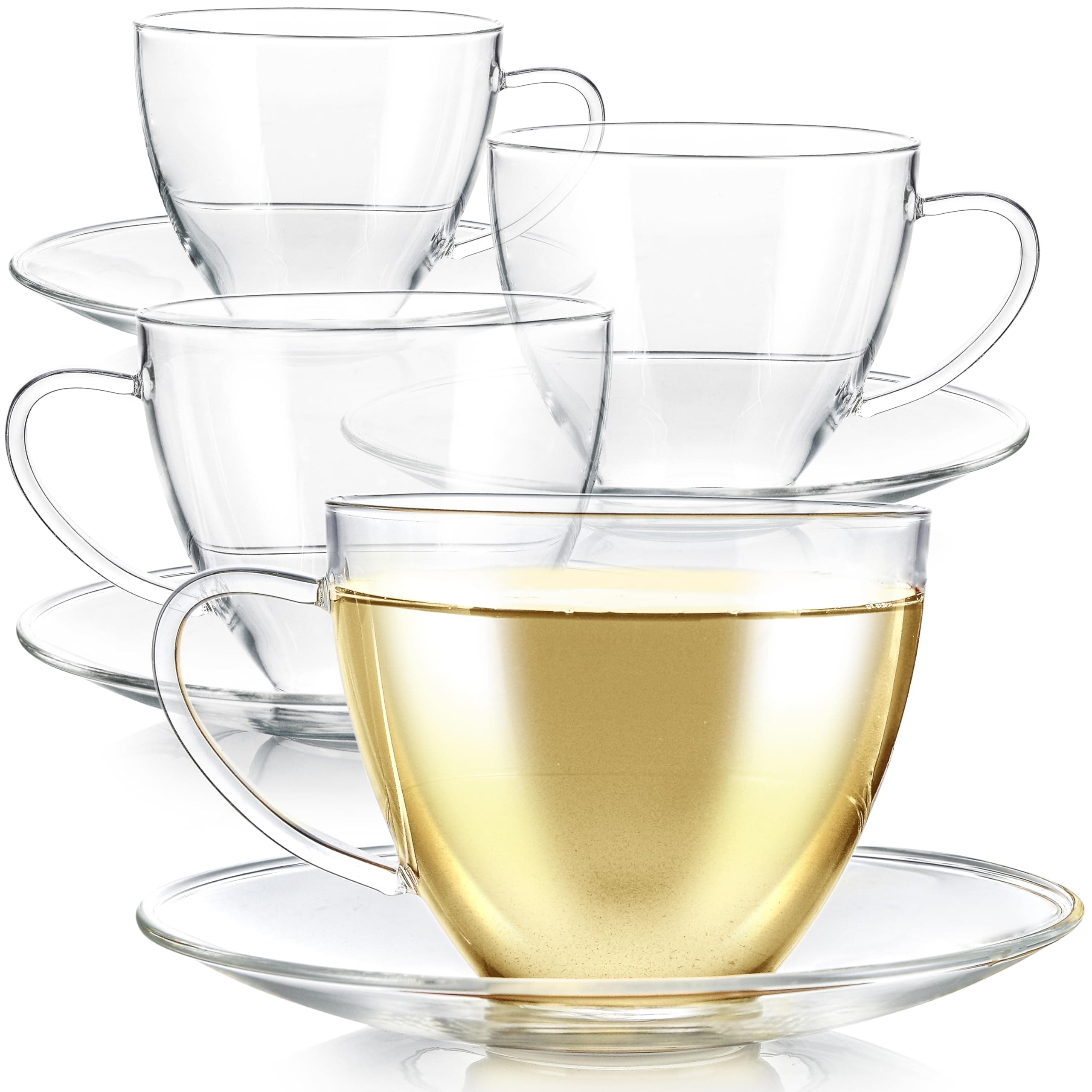 Teabloom Royal Teacup and Saucer Set 4-Pack – Large Size – 12 OZ/ 350 ML Capacity – Crystal Clear Classic Design – Glass Mug Set – Premium, Healthful Borosilicate Glass – Odor and Stain-Free
