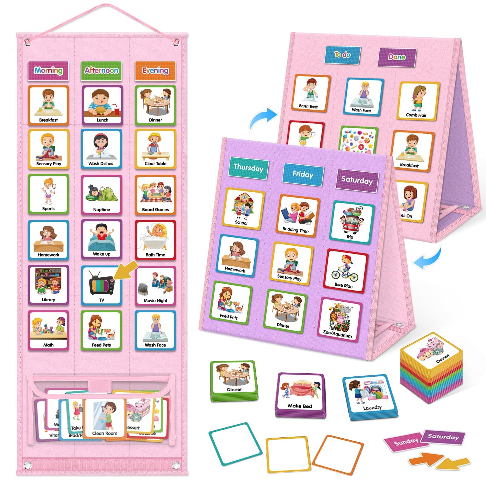 Godery Large Visual Schedule for Kids Chore Reward Chart,Bedtime Routine Chart for Toddlers,Double Side Schedule Board with 109 Cards for Home School Planner,Autism Learning Materials (Pink)