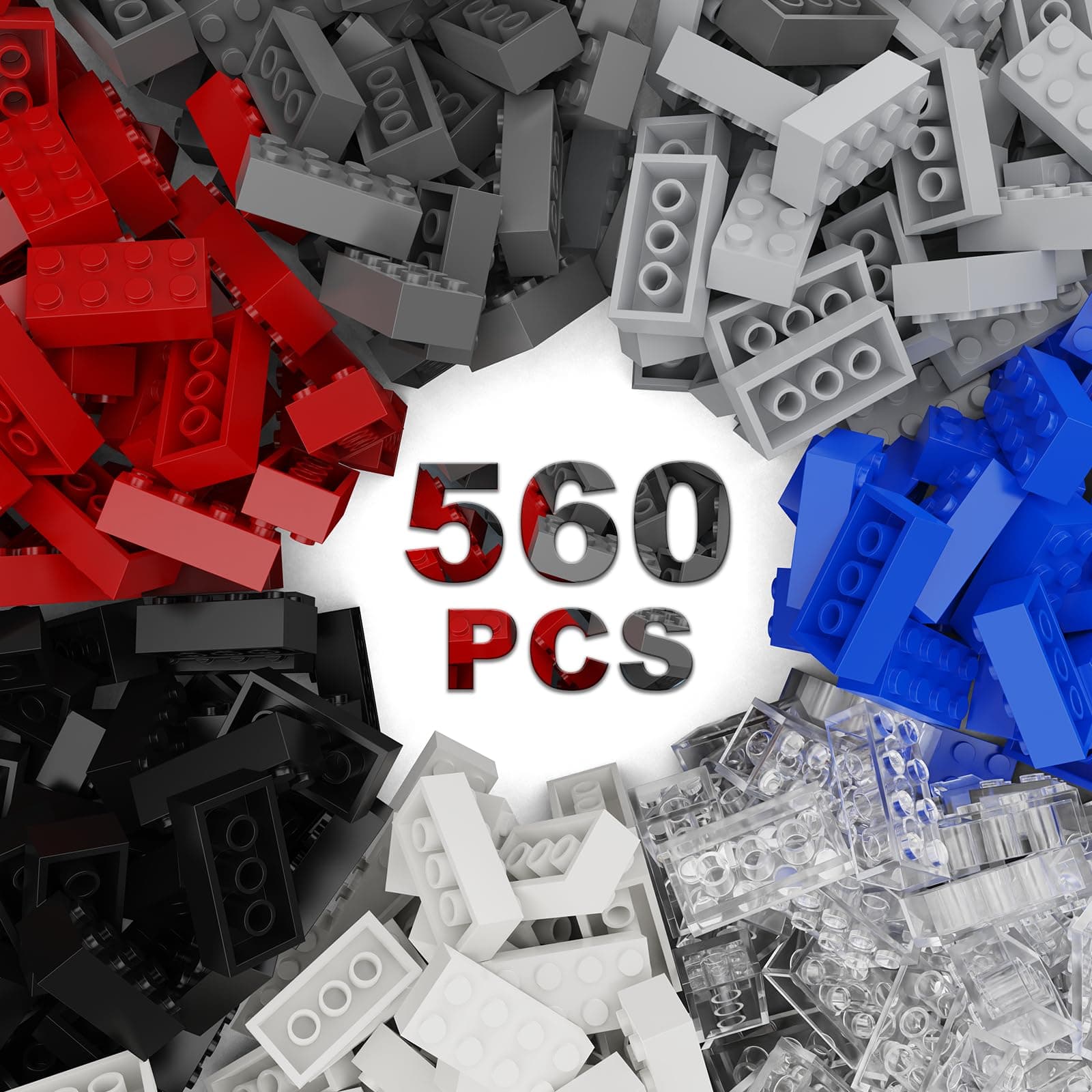 Classic Bulk Bricks 2x4, 560 Pieces Construction Black, Compatible with Lego Parts and Pieces 3001, (Colors: Black, White, Clear, Red, Blue, Light Grey, Dark Grey)