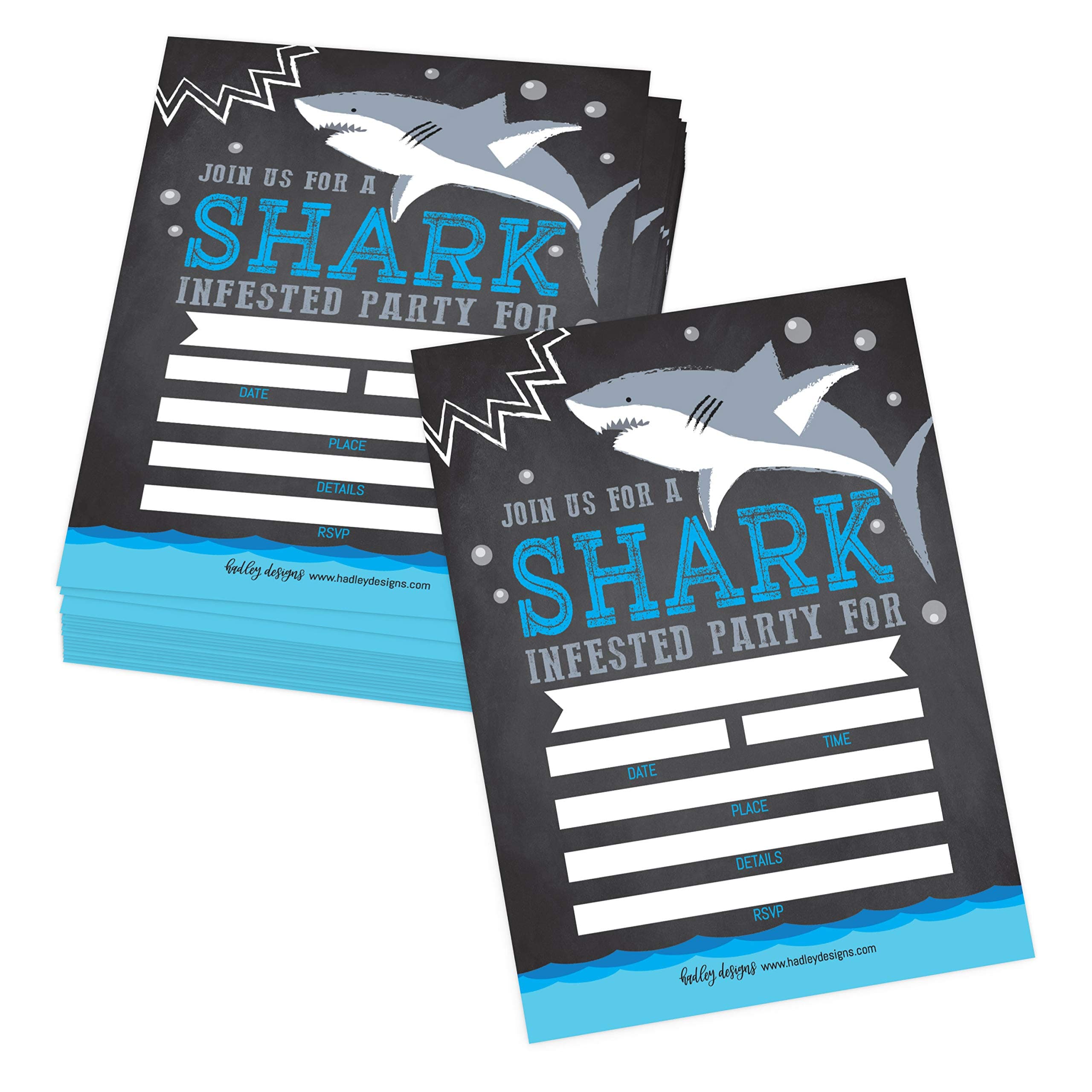 Hadley Designs Kids Birthday Invitations For Boys Shark Theme - 25 Shark Birthday Party Invitations For Boys, Sea Creature Invites For Boy, Cute Ocean Party Supplies, Made In USA