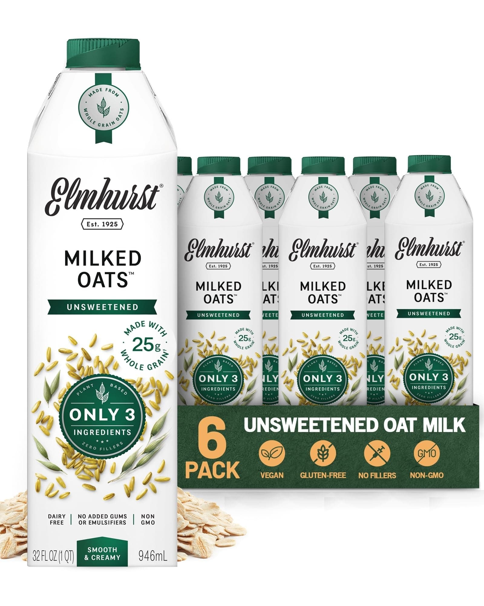 Elmhurst 1925 Milked Oats Unsweetened Oat Milk, 32 Ounce (Pack of 6)