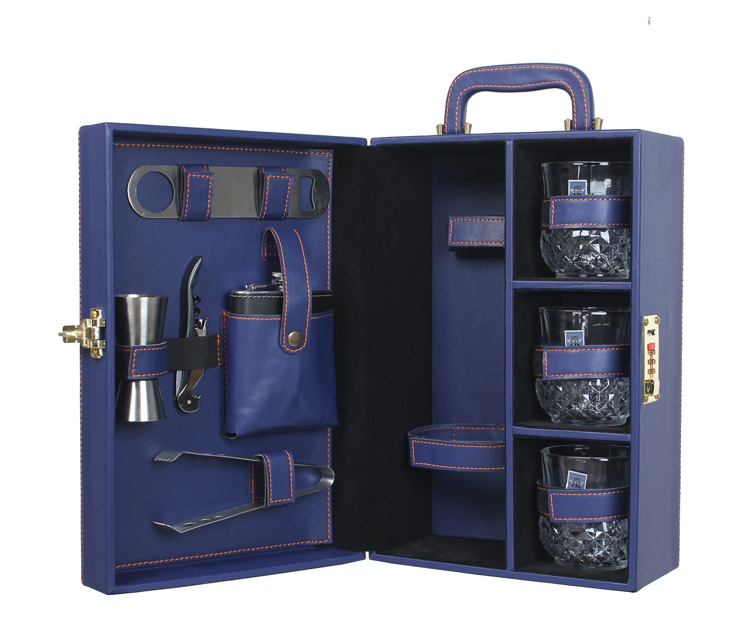 3 Glasses Blue Barset |Premium with Stylish Bottle Opener| Portable Leatherette Bar Set for car | Whiskey Glasses