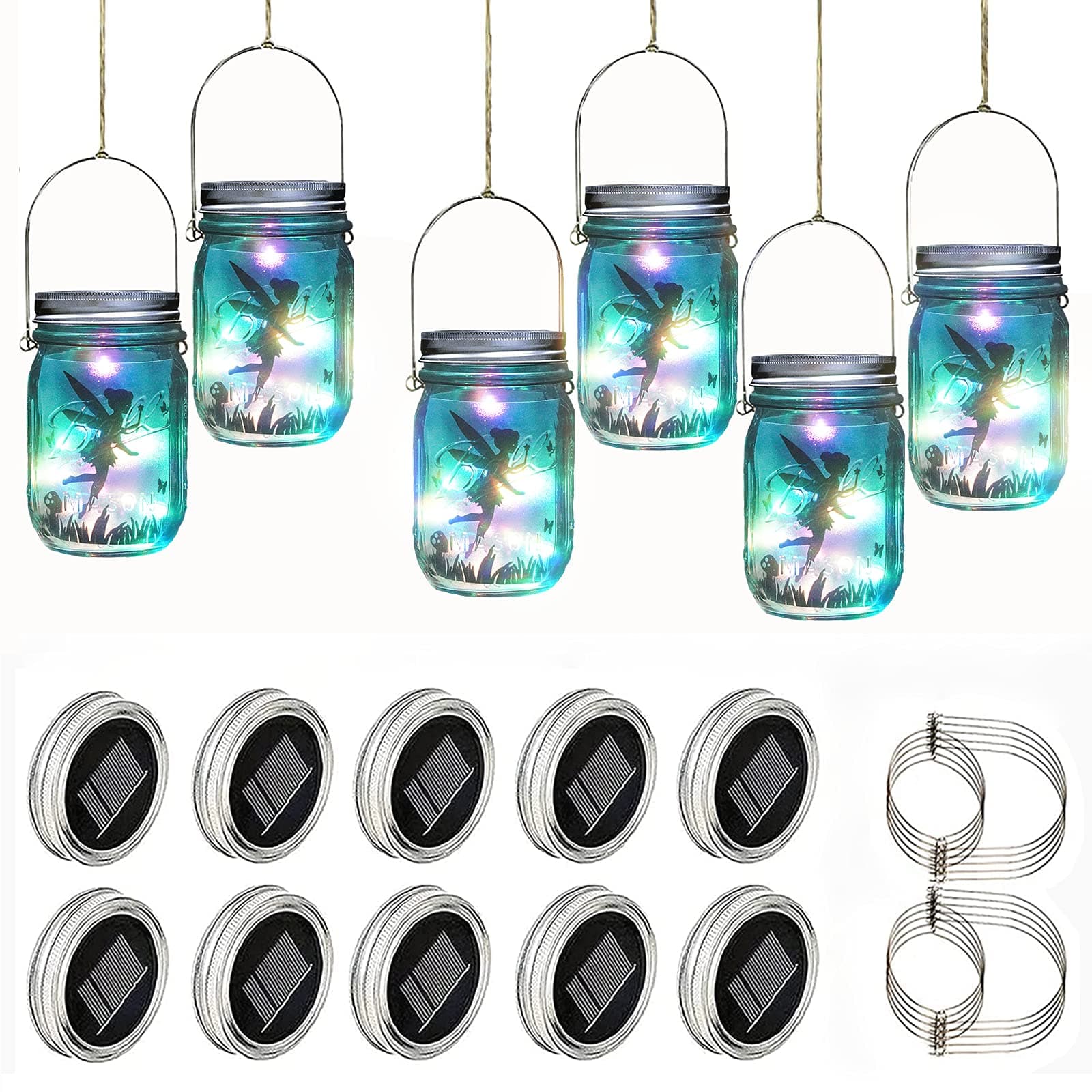 30 LED 10 Packs Mason Jars Lid Solar Light with Hangers Outdoor Colored Solar Firefly Fairy Lights for Mason Jar Fairy Patio Garden Yard Wedding Christmas Decor [2 Fairy Decals Gift/ No Jars]