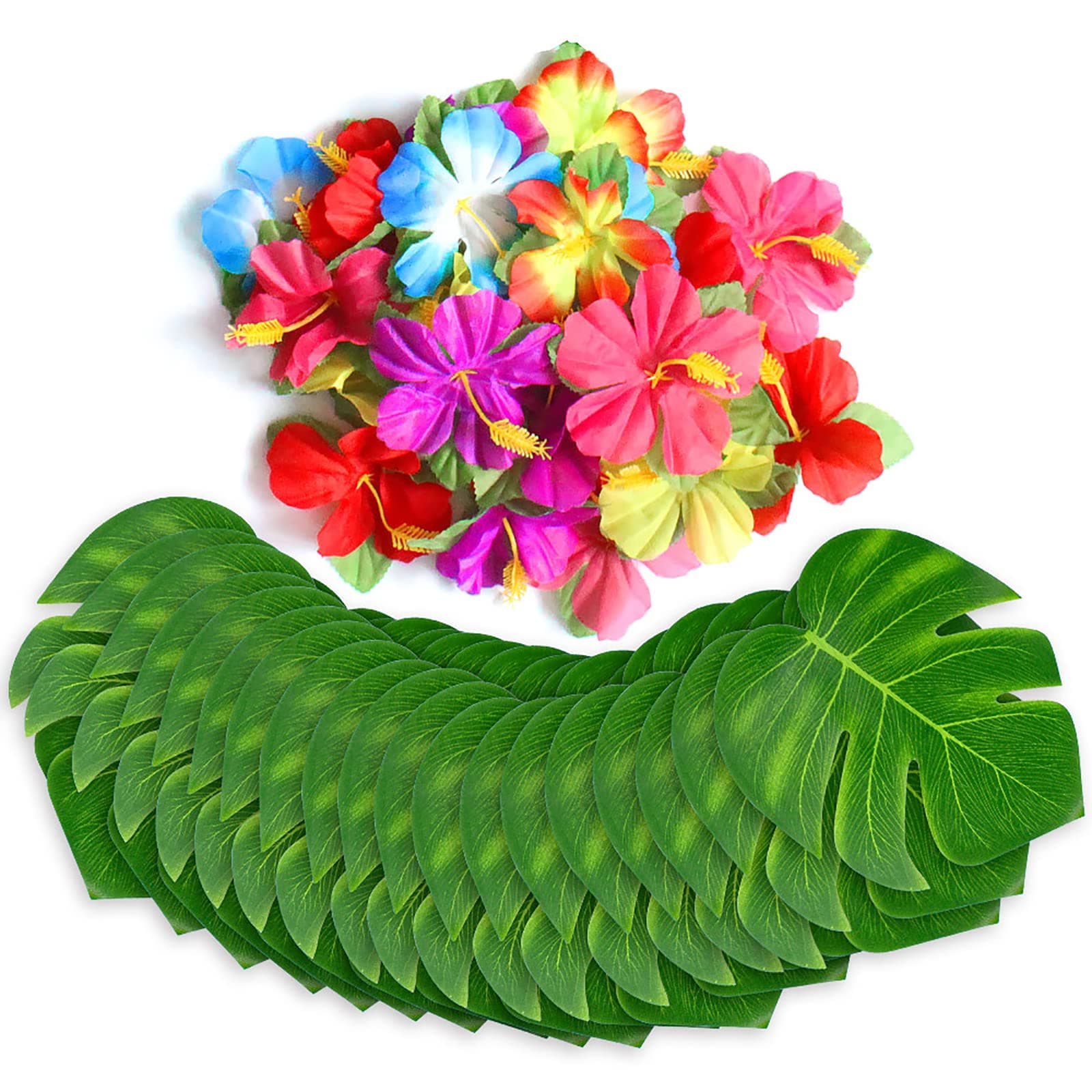 60 Pcs Tropical Party Decoration Supplies 20cm Tropical Palm Leaves and Hibiscus Flowers, Simulation Leaf for Hawaiian Luau Party Jungle Beach Theme Table Decorations