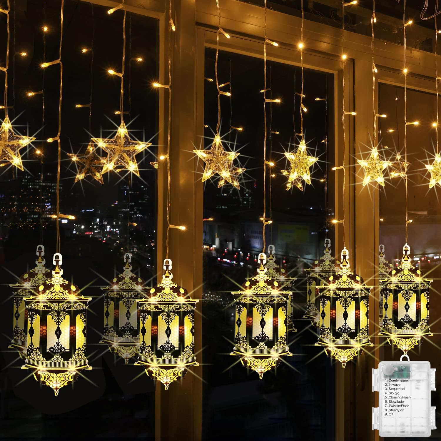 2D Pomefar Ramadan Decorations Lights,Led Star Lantern Curtain Ramadan Lights for Bedroom Home Outdoor Ramadan Lights Hanging for Wall Window