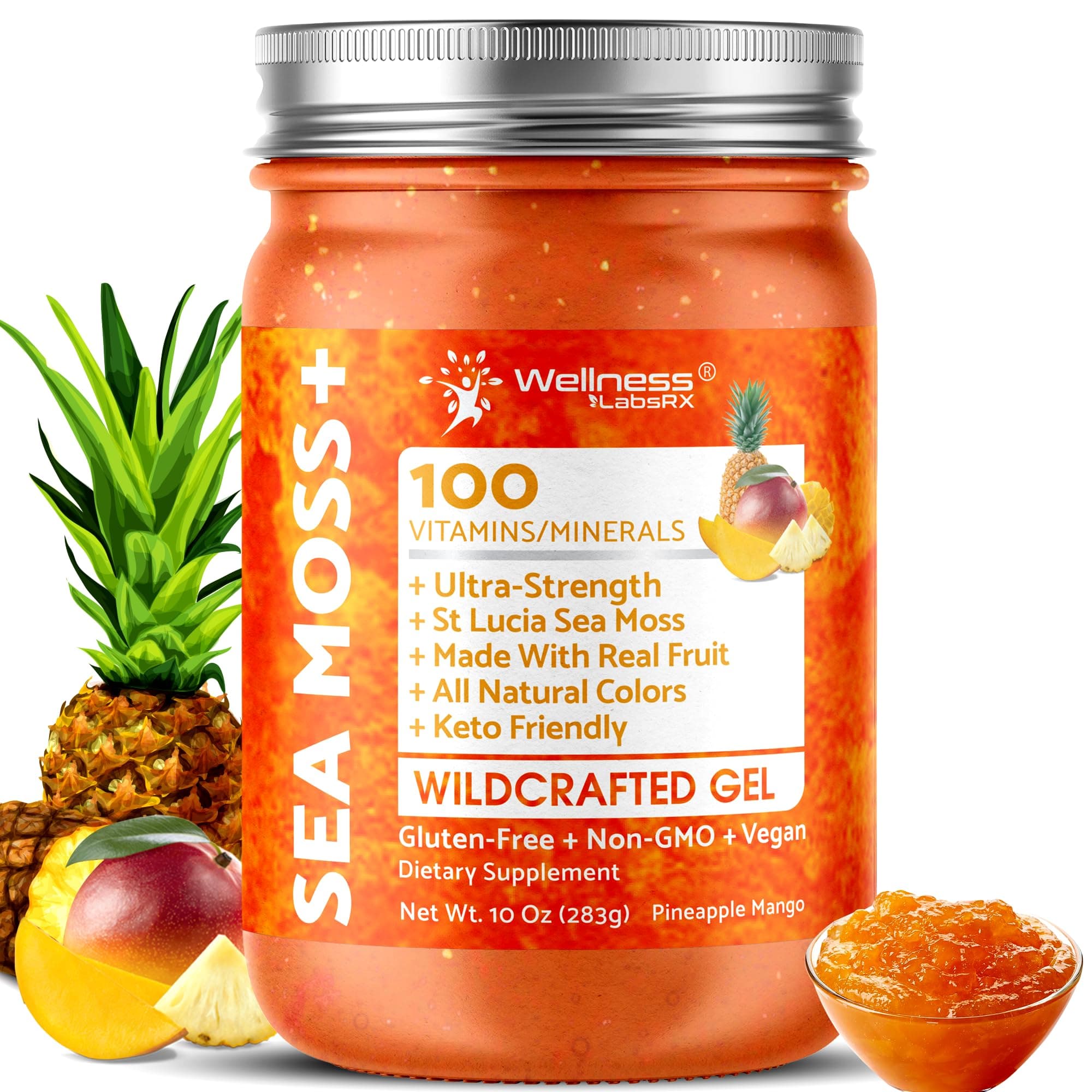 WELLNESS LABSRX Irish Sea Moss Gel Raw - Wildcrafted Superfood Seamoss Gel - Pineapple Mango Flavor, Vitamin and Mineral-Rich from Pristine Caribbean Waters - 10 oz.