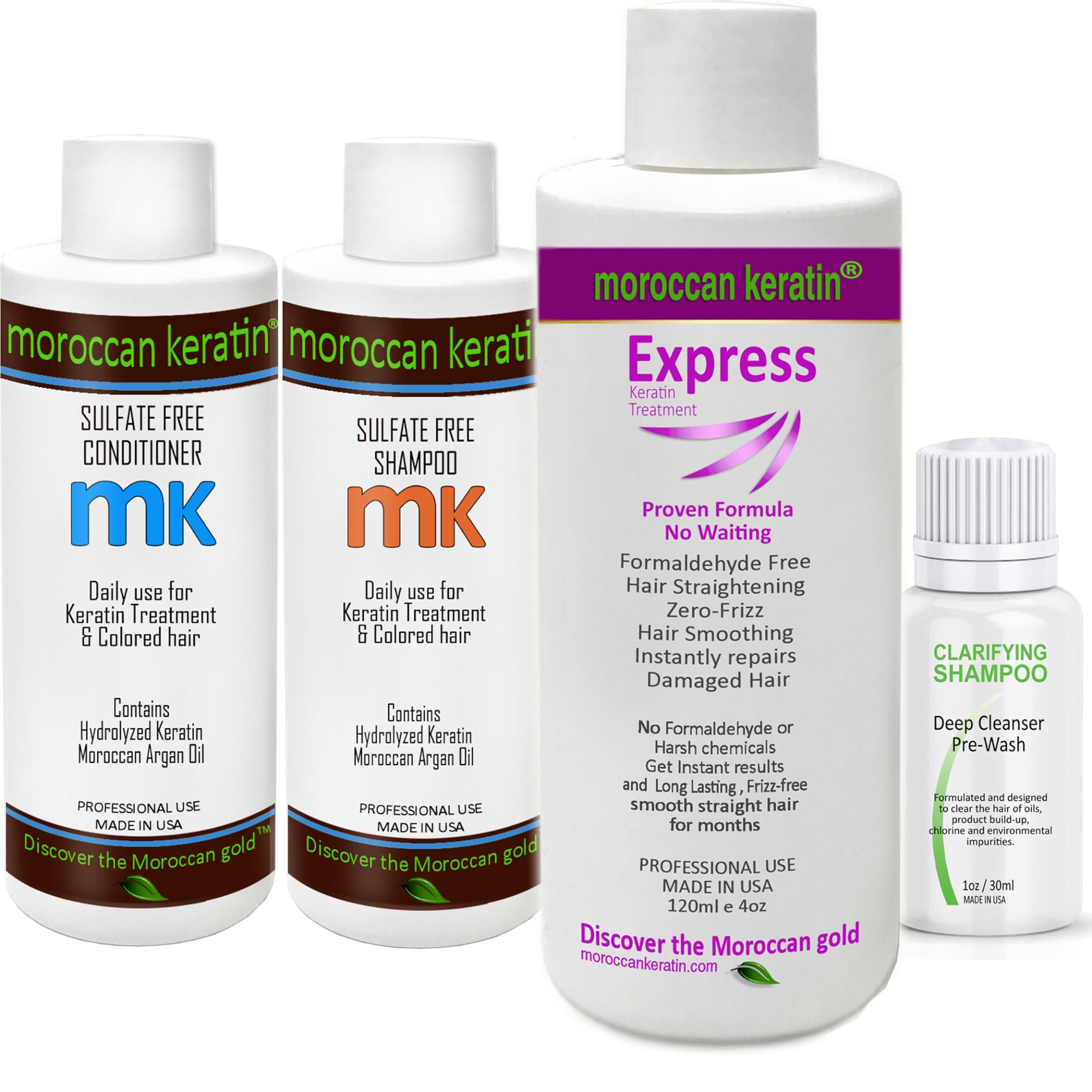 Express Keratin Hair Treatment System Formaldehyde Free Sin Formol Formula Instant Results 480ml Set with Clarifying Shampoo, Sulfate-Free Shampoo and Conditioner