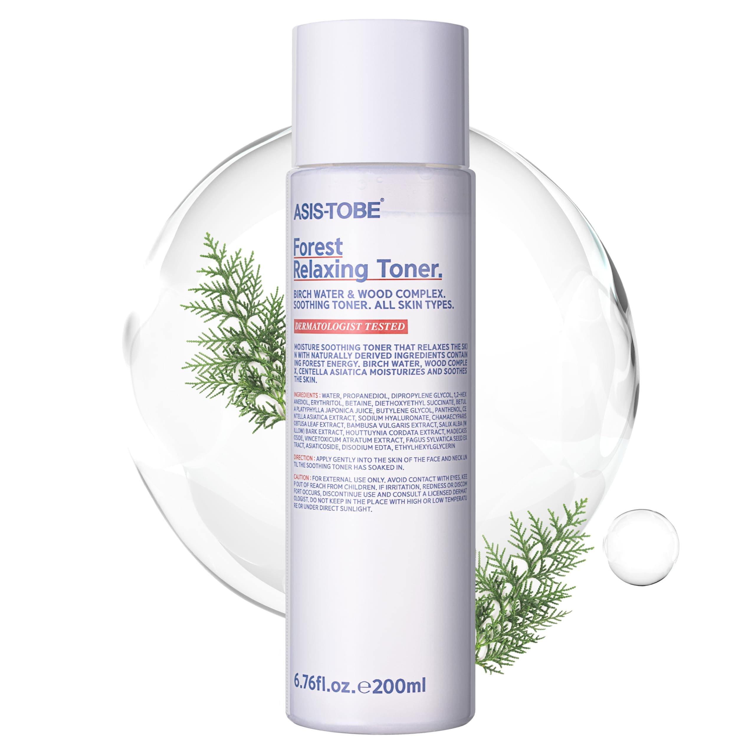 ASIS-TOBE Forest Relaxing Toner - Soothing and Hydrating Korean Facial Toner with Centella Asiatica and Birch Sap, Unscented and Alcohol-Free, 6.76 Fl Oz