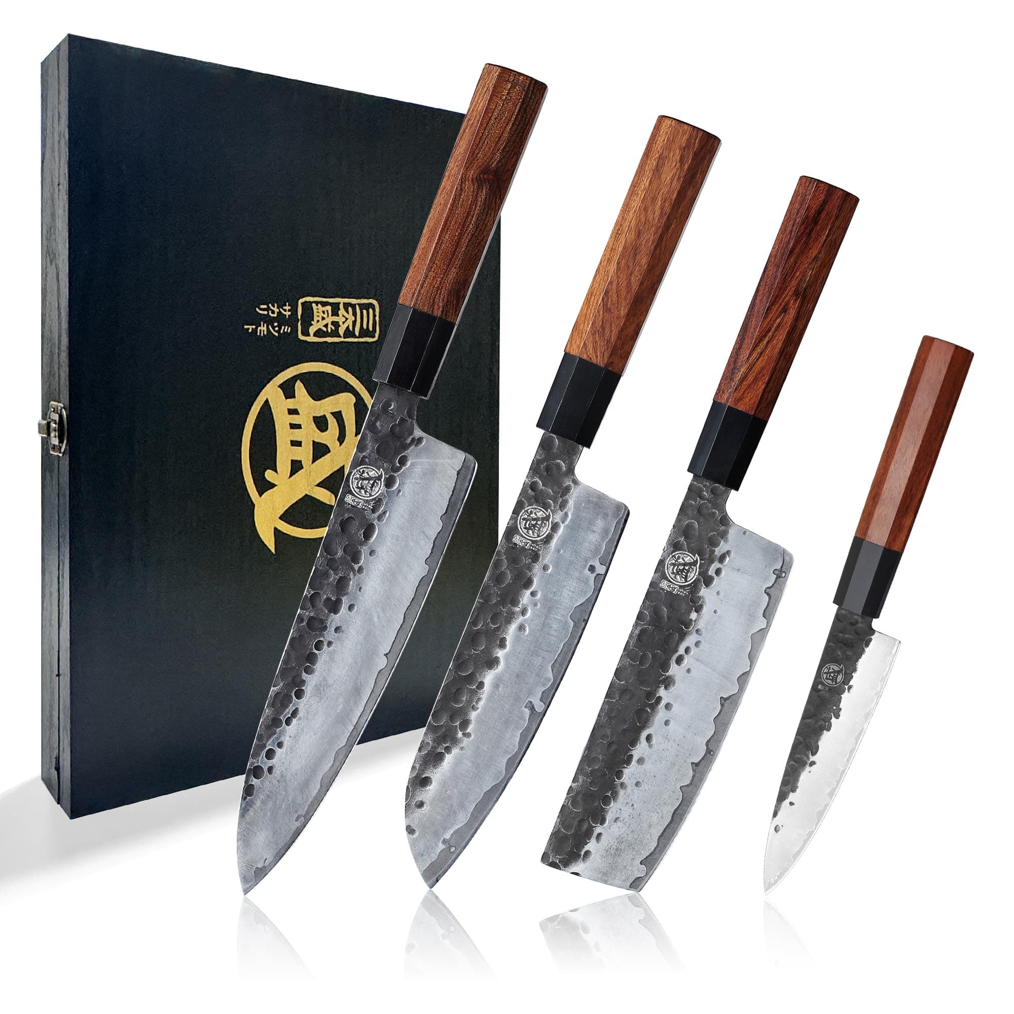 Japanese Chef's Knife Set 4 Pcs, Professional Hand Forged Kitchen Chef Knife Set, High Carbon Ultra Sharp Cooking Chefs Knife Set (Rosewood Handle & Sandalwood Box)