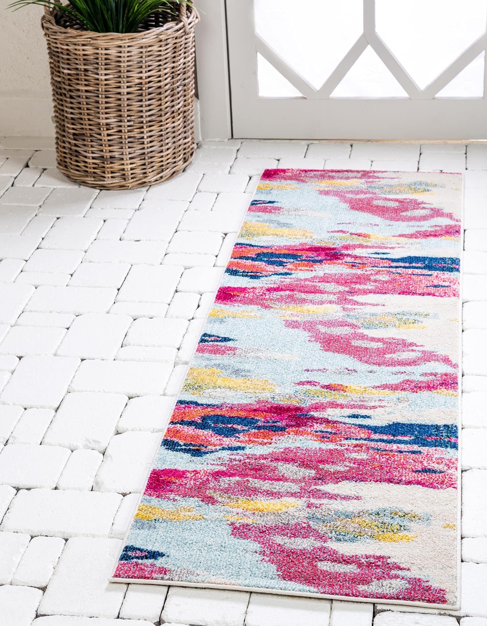Unique Loom Estrella Collection Light Colors, Abstract, Modern, Vibrant Area Rug, 2 ft 2 in x 6 ft 7 in, Pink/Ivory