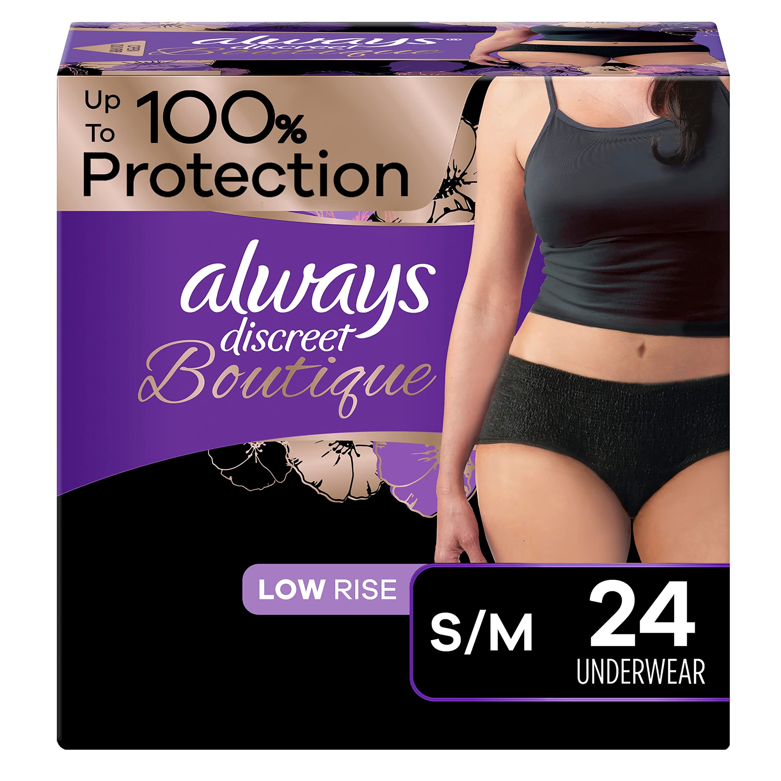 Always Discreet Boutique Adult Incontinence & Postpartum Underwear for Women, Low-Rise, Size Small/Medium, Black, Maximum Absorbency, Disposable, 24 Count (Packaging May Vary)