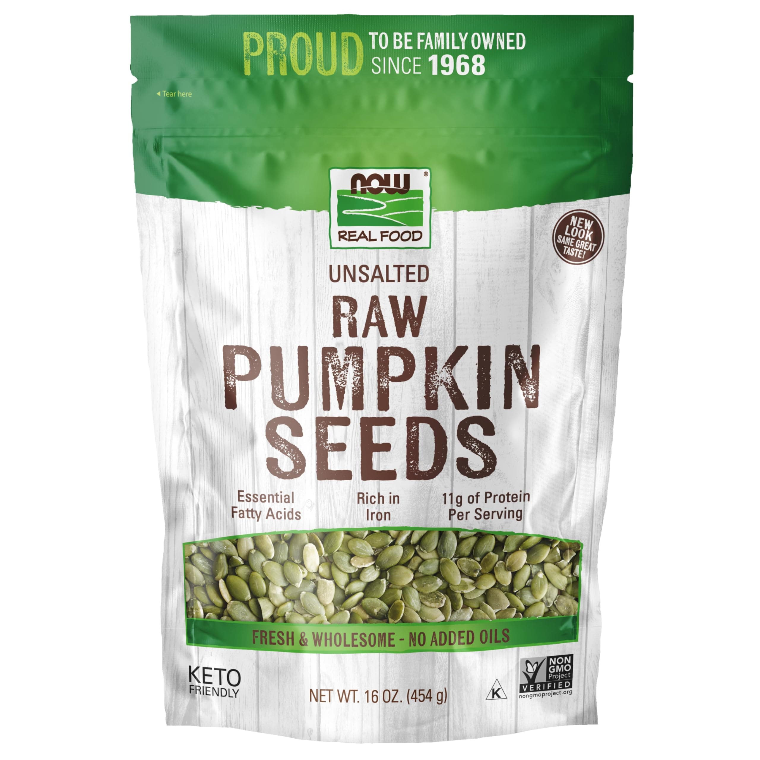 NOW Foods, Pumpkin Seeds, Raw and Unsalted, Essential Fatty Acids, Rich in Iron, Excellent Source of Protein, Certified Non-GMO, 1-Pound (Packaging May Vary)