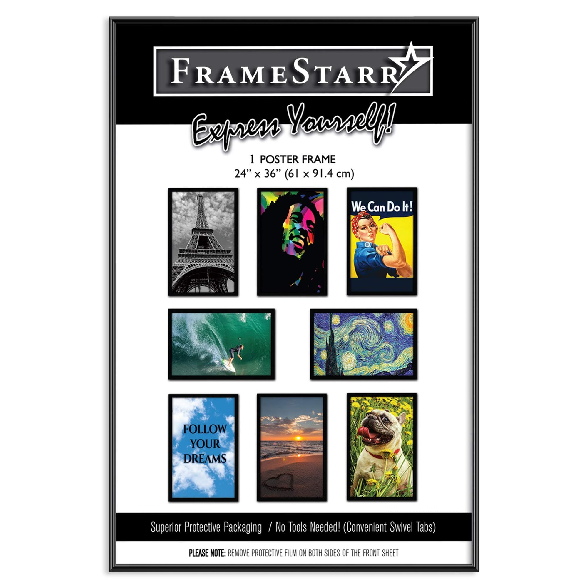 24x36 Black Poster Frame, Pre-Assembled Black Poster Frame 24 x 36, Sturdy Modern PVC Frame Design with MDF Backer Board for Wall Mounting