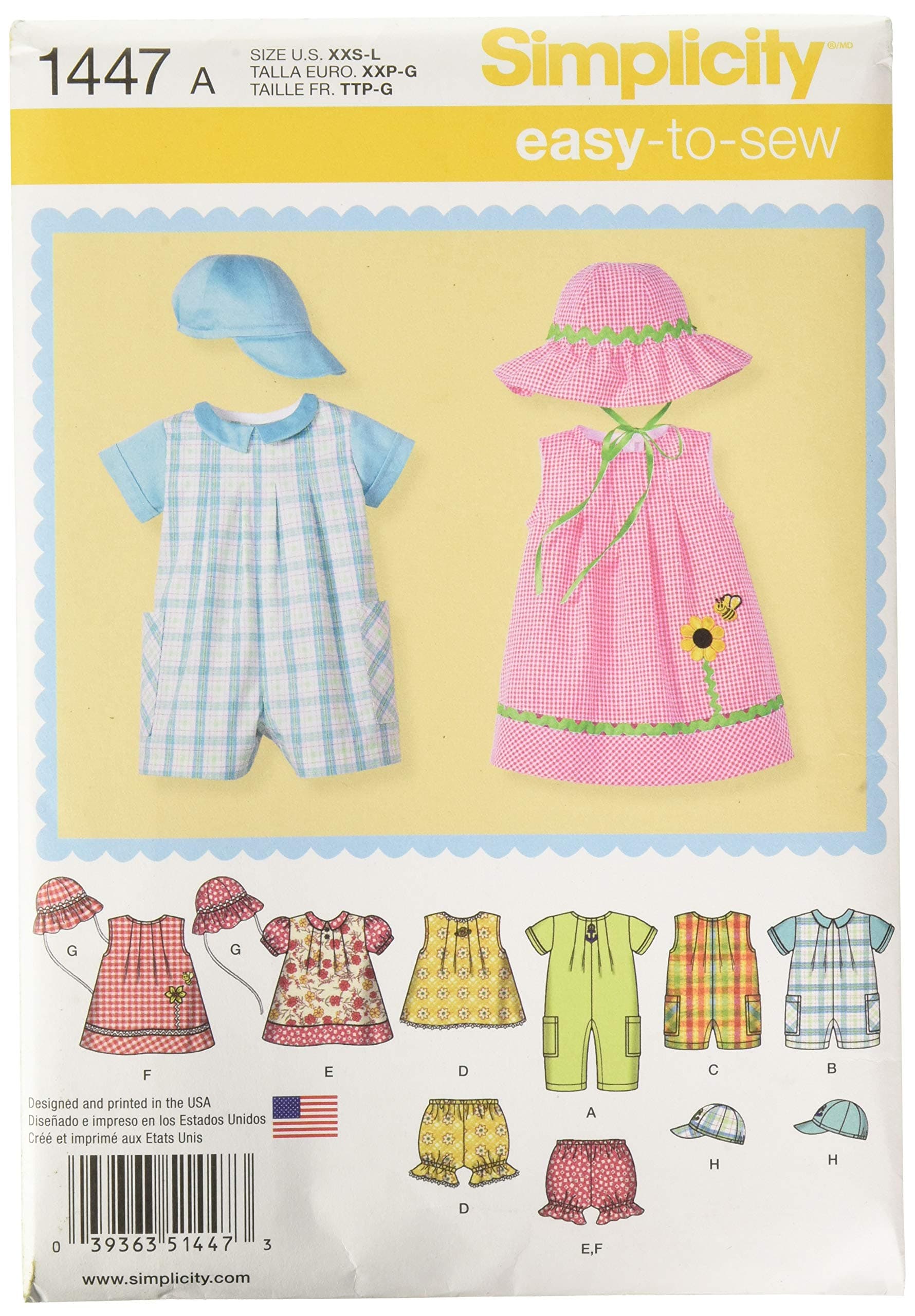 SimplicitySimplicity Sewing Pattern 1447: Babies' Romper, Dress, Top, Panties and Hats, Size A, Paper, White, A (XXS-XS-S-M-L)